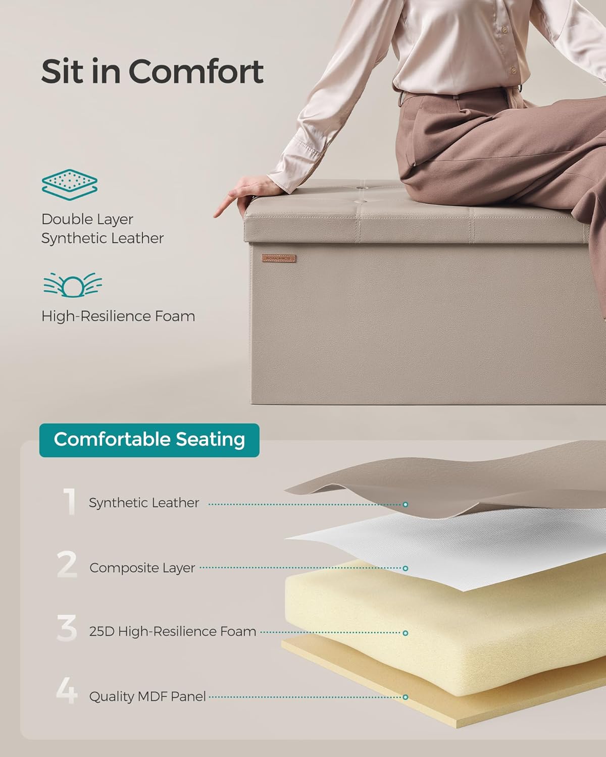 SONGMICS Mazie Collection - 43 Inches Folding Storage Ottoman Bench, Ottoman with Storage, Foot Rest Stool, Load 660 lb, for Living Room, Synthetic Leather, Camel Brown ULSF070K03