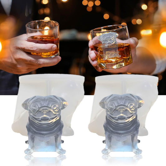 3D Pug Dog Ice Cube Silicone Molds Tray for Whiskey, Cocktail, Drink Decor, Bar; Rich Details. Fun Animal Shape Large Dogs Candle Epoxy Resign Mold; Pug Gifts for Women Kids Puppy Lover, 2 Pack