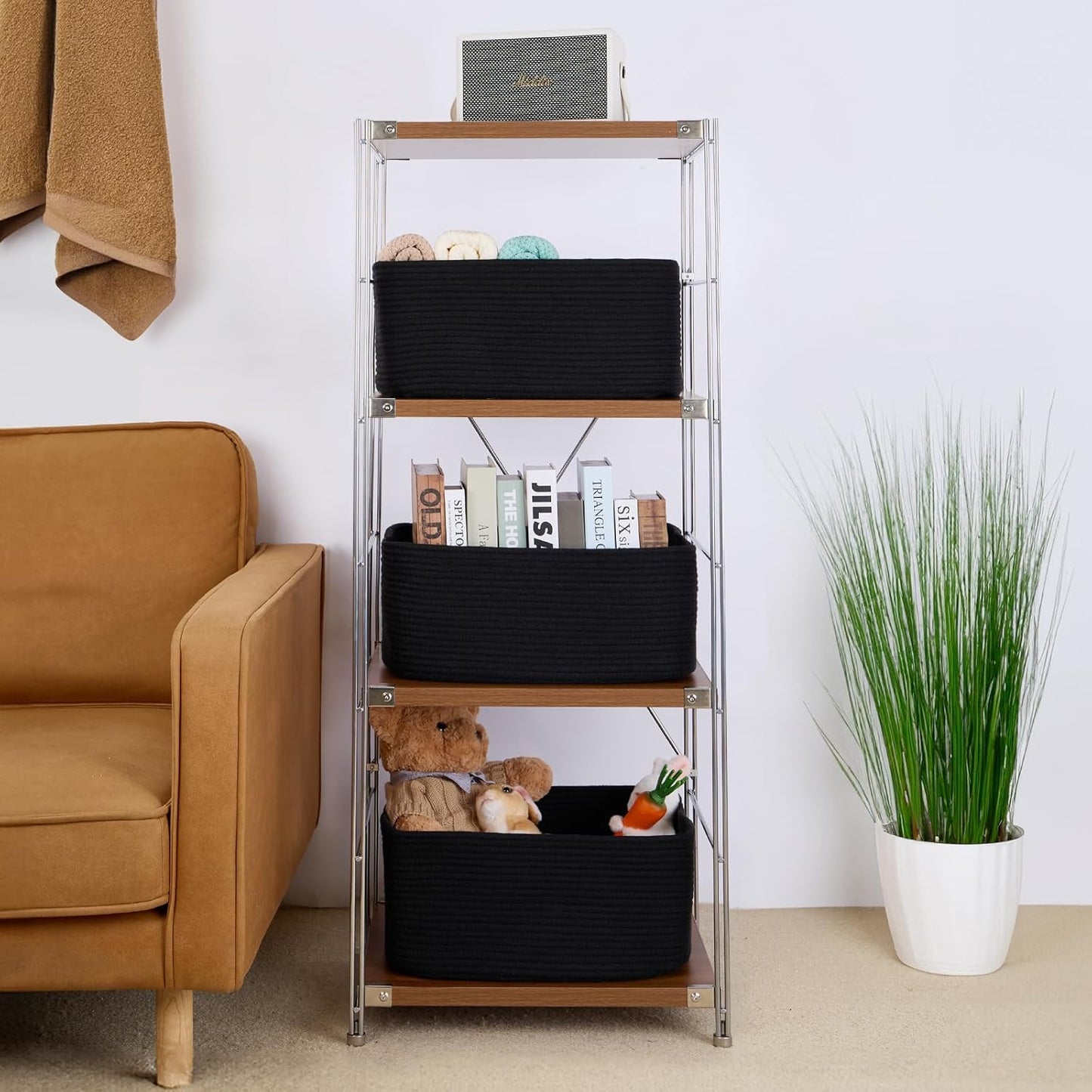 Large Storage Baskets for Organizing, Closet Shelf Baskets for Clothes Blanket Towels, Baby Nursery, Toy Bins Box, Woven Rope Baskets, 17 x 13 x 7.5”, 4 Packs Black