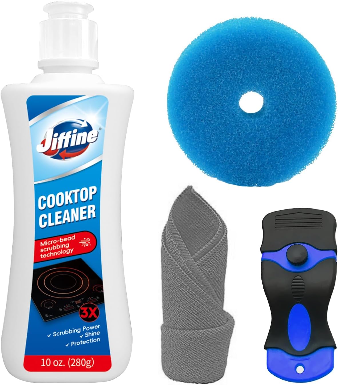 Glass Cooktop Cleaner Kit & Polish - 10 oz Stove Top Cleaner with Scrubbing Pad, Scraper & Microfiber Cloth - Removes Burnt-On Food, Tough Stains, No Scratches, Streak-Free Shine