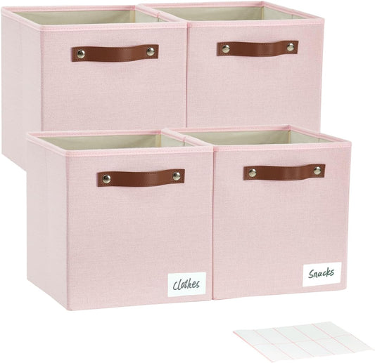 Collapsible Fabric Storage Cube Bins with 2 Reinforced PU Handles, Foldable Storage Organizer Baskets for Closet, Shelves, Living Room | 11"x11"x11", 4 Pack, Full Pink