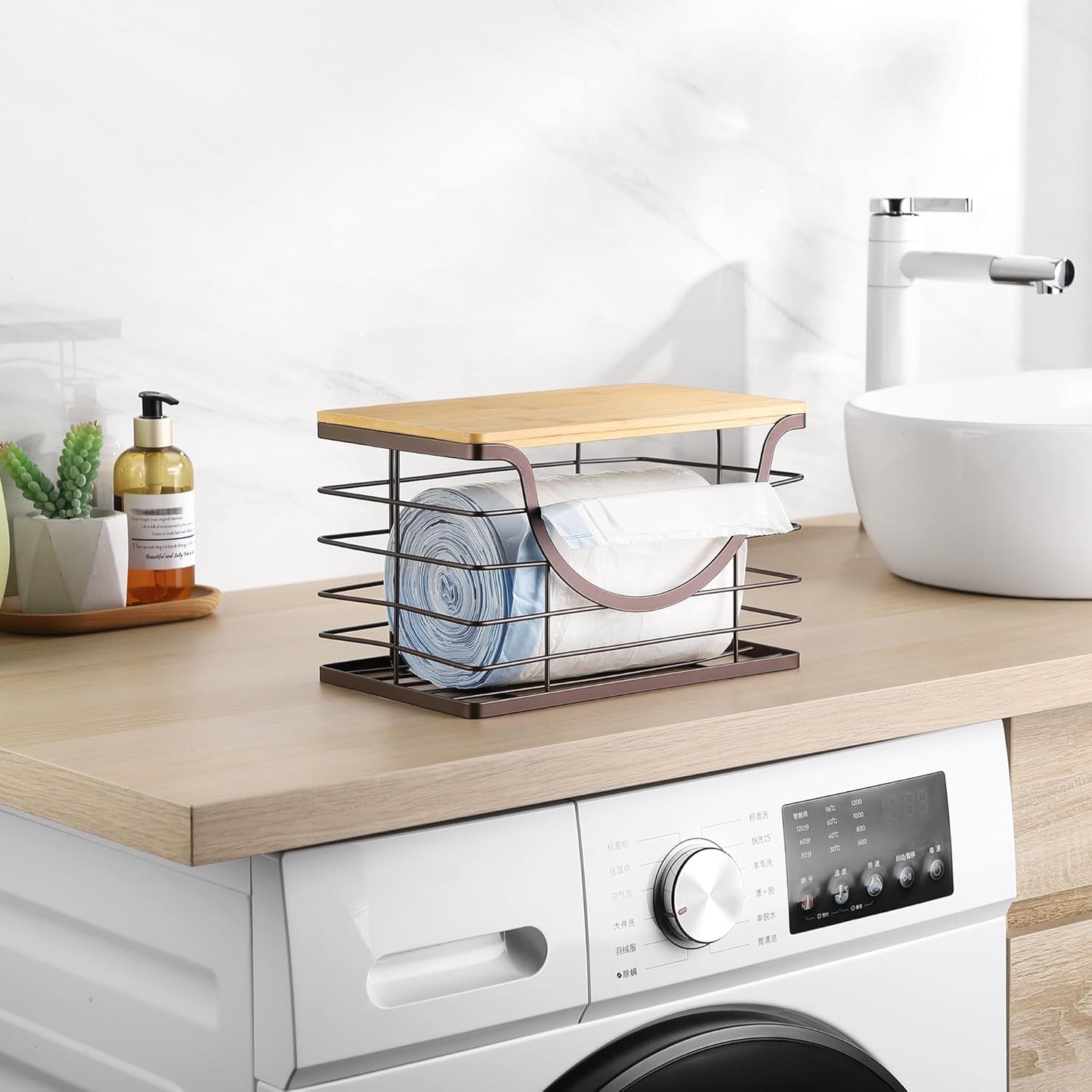 Extra Large Trash Bag Holder Under Sink Stackable Kitchen Storage with Lid, Garbage Bag Dispenser Roll Holder, Wall Mounted Trash Bag Container, Laundry Room Organization Storage, Brown