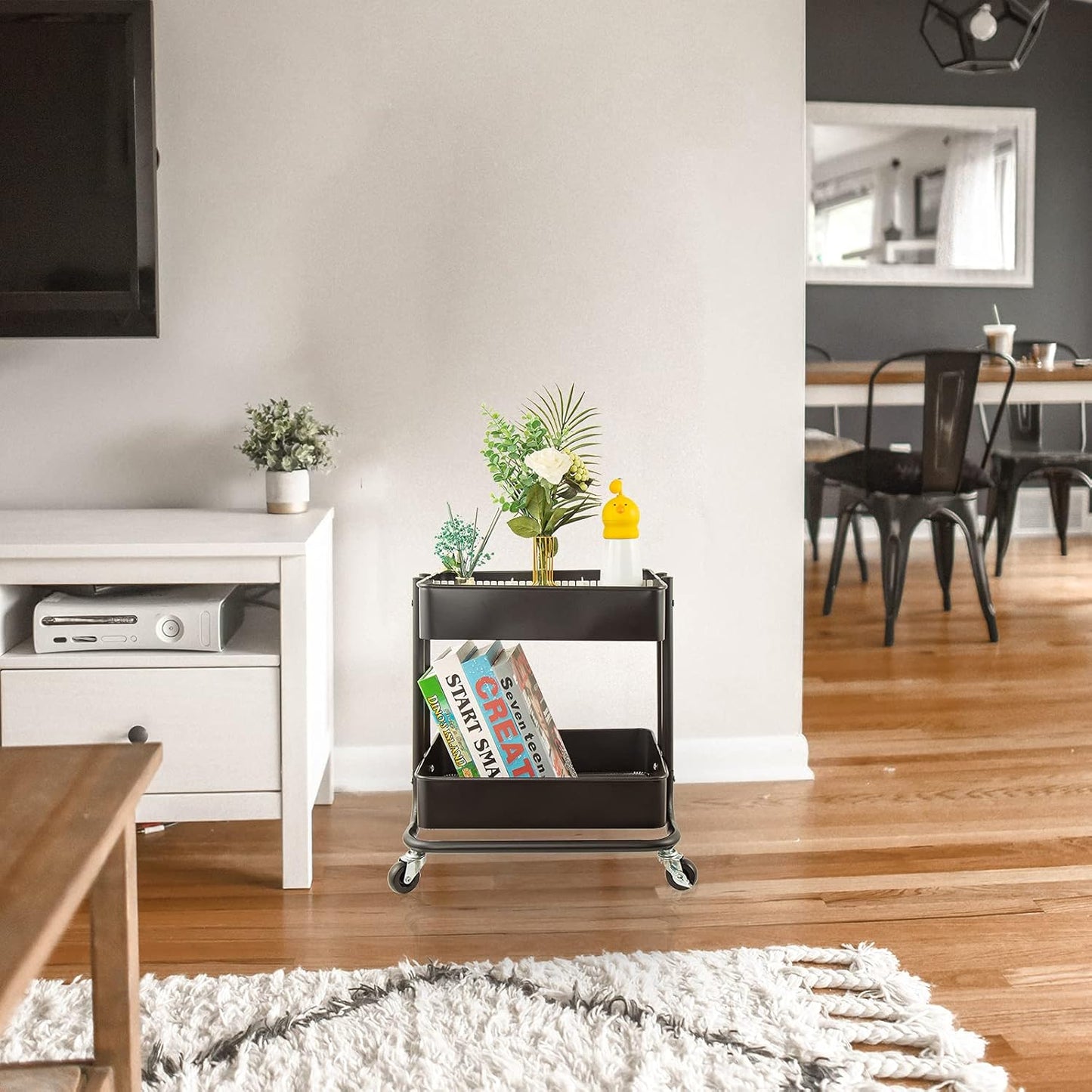 Melody House 2-Tier Metal Utility Rolling Cart Storage Organizer with Cover Board Mobile Trolley Sofa Side Table with Wheels for Office Home Kitchen Organization Black