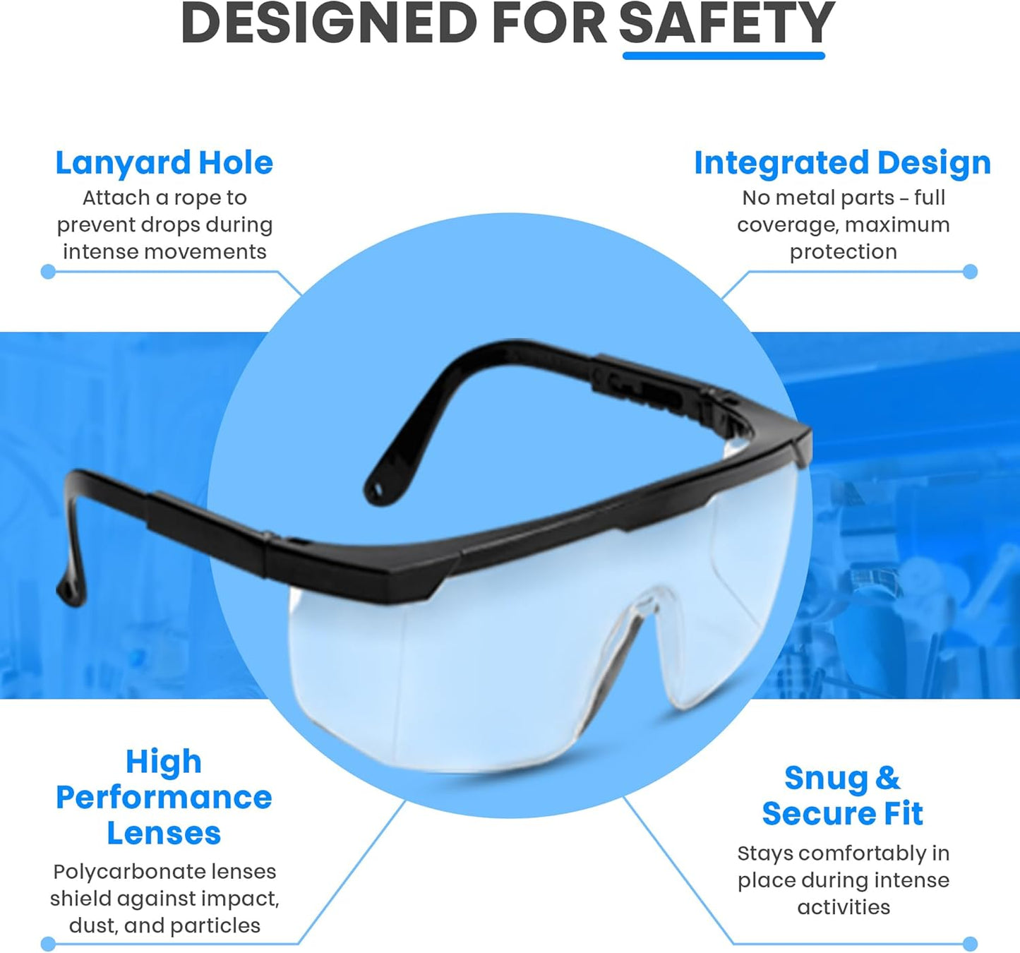 Safety Glasses, Full Coverage Lens, Built-in Brow Guard, UV Resistant, Anti-Fog, Anti-Scratches, Impact Resistant, Adjustable Side Frames, One Size Fits All, 12 Pack