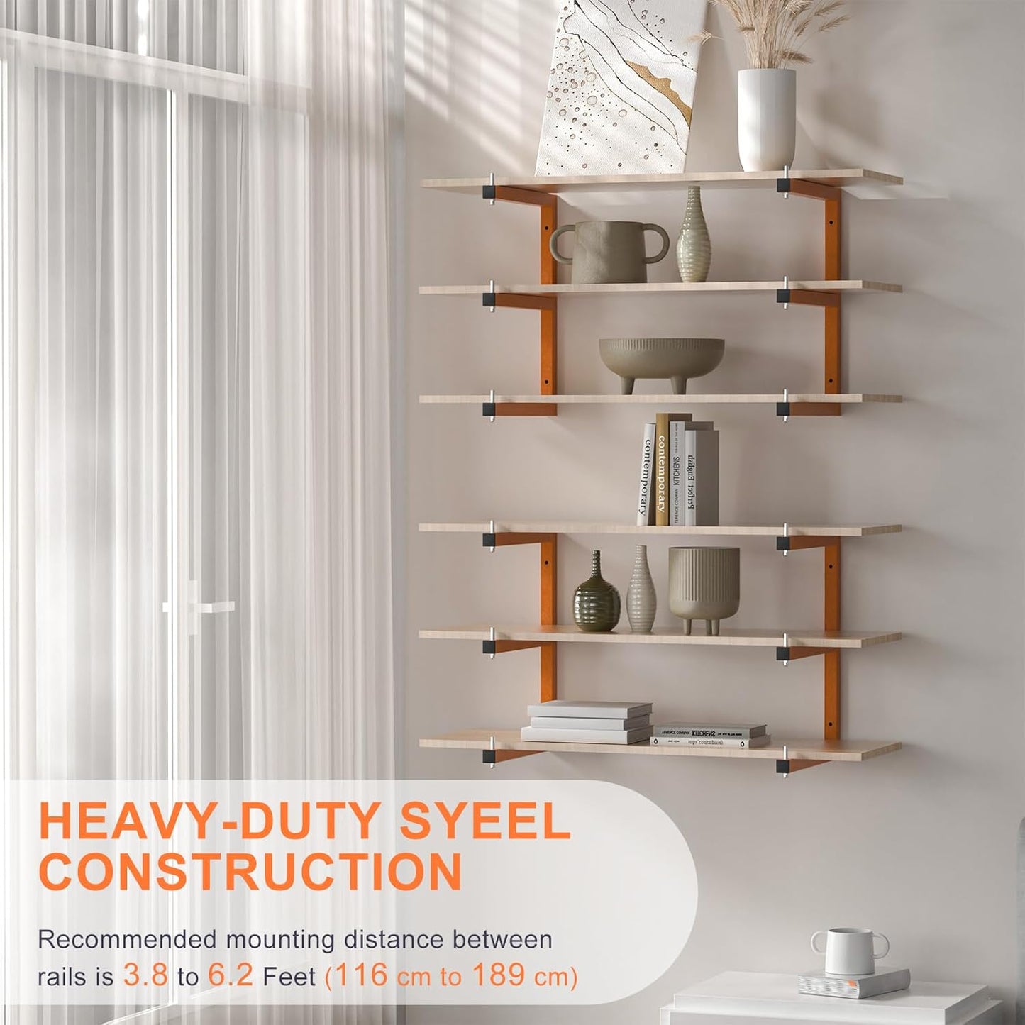 4 PACK Lumber Rack Wall-Mounted Lumber Storage Rack, Heavy Duty Wood Storage Racks With 6-Level System, 1320 LB Sturdy Garage Wood Organizer, Hanging Orange Lumber Metal Racks for Indoor & Outdoor