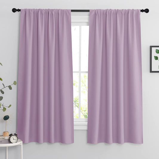 RYB HOME Bedroom Curtains Solid Blackout Panels Rod Pocket Thermal Insulated Window Drapes for Living Room, 42 Width x 63 inch Length 2 Panels Set, Lilac
