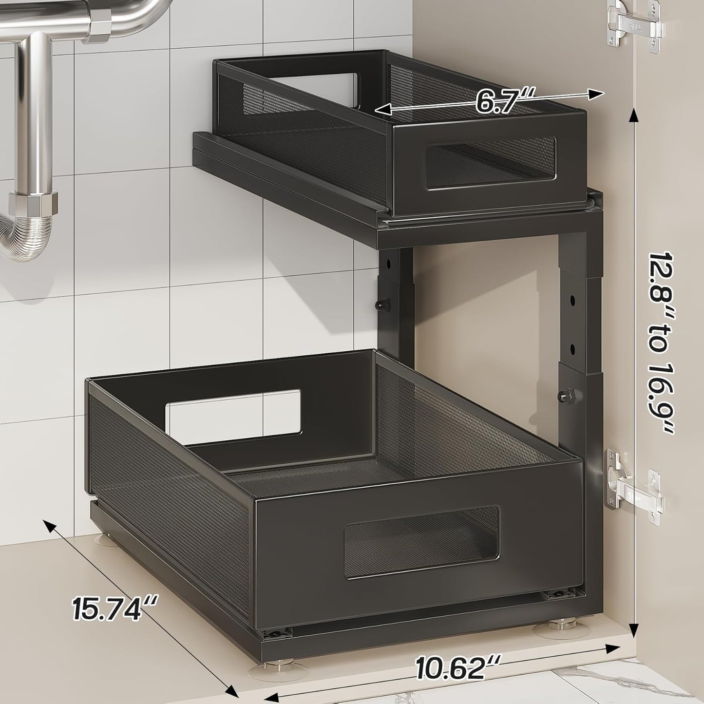 1 Pack 15.74IN-Depth Under Sink Organizer With Next-Gen Ball-Bearing Slides,2-Tier Pull Out Cabinet Storage,Height Adjustable Drawer Shelf for Bathroom,Kitchen,Laundry,Cabinet,Pantry-Black