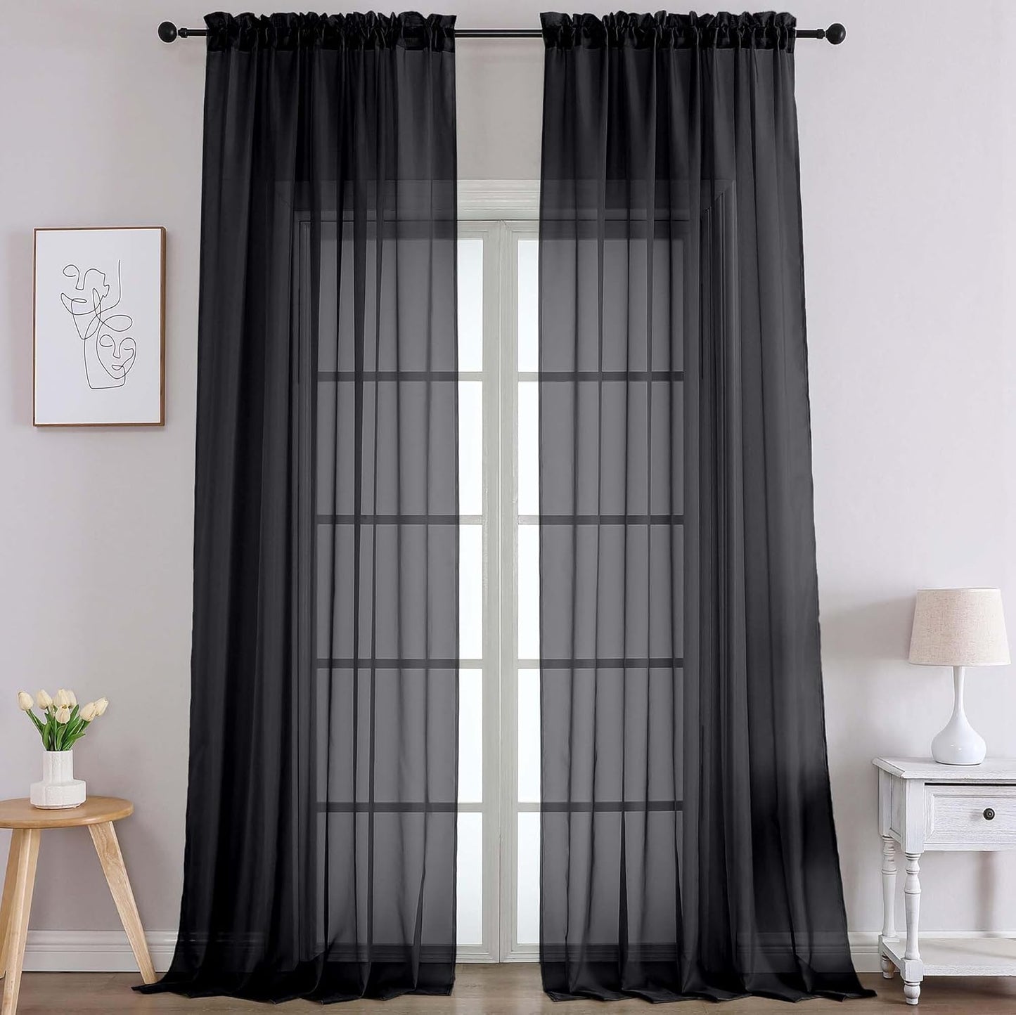 Chyhomenyc Extra Long Black Sheer Curtains 108 Inches Long 2 Panels, Light Filtering Black Curtains for Living Room, Soft Gentle Voile Rod Pocket Bedroom Window Drapes, 59Wx108L Inch, 9FT, 2PCS