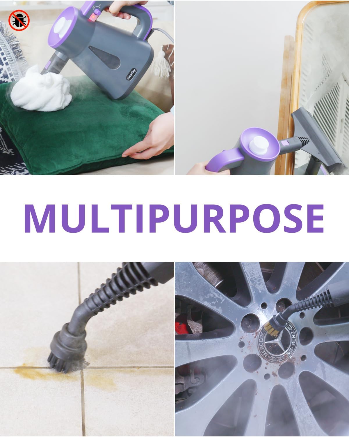 Steam Cleaner Handheld: Fast 10-Sec Heat-Up-750mL (25oz) Tank-No Cooling-Refill Anytime-Lockable Steam Trigger-14-Piece Kit Hand Held Portable Steamer for Home Car Grout Tile Cleaning Grey