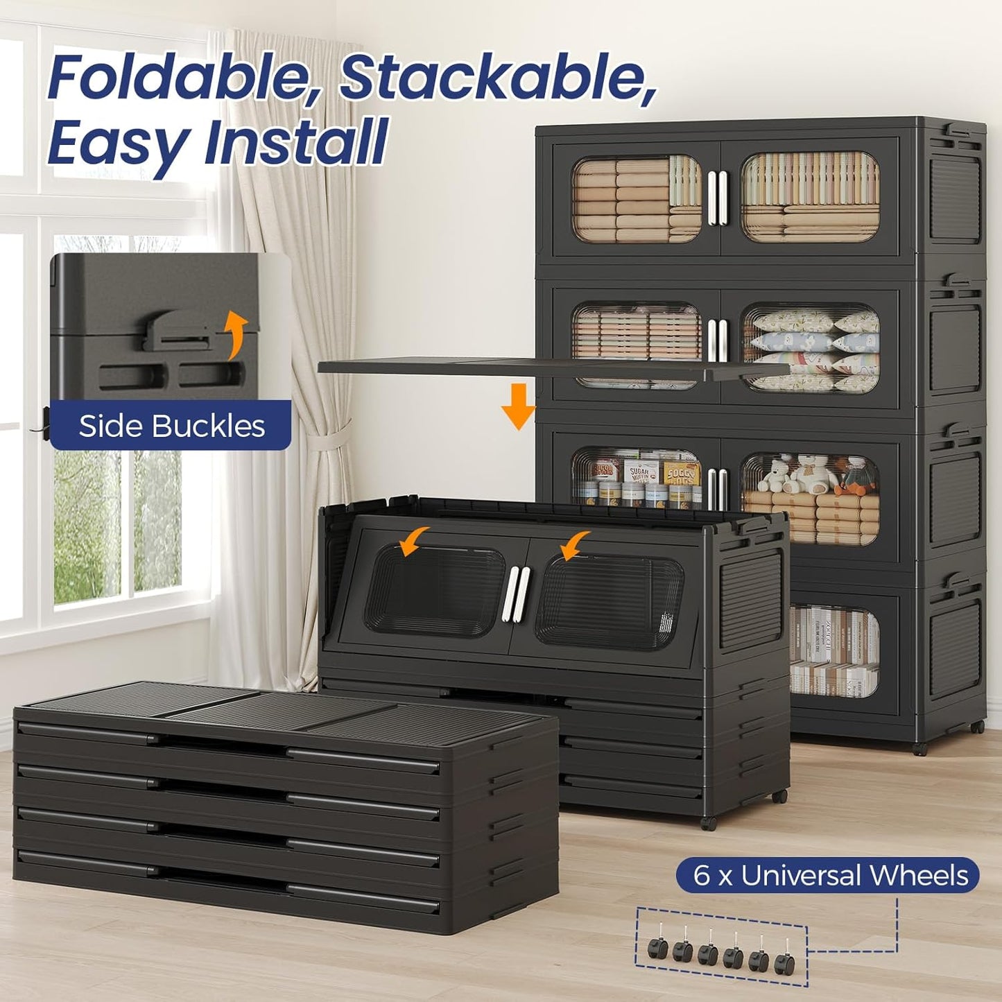 250GAL Extra Large Storage Bins with Lid, 1000QT Storage Bins with Wheels, Folding Closet Organizer, Stackable Collapsible Plastic Storage Containers for Home, Office, Dorm, 5Pack Black