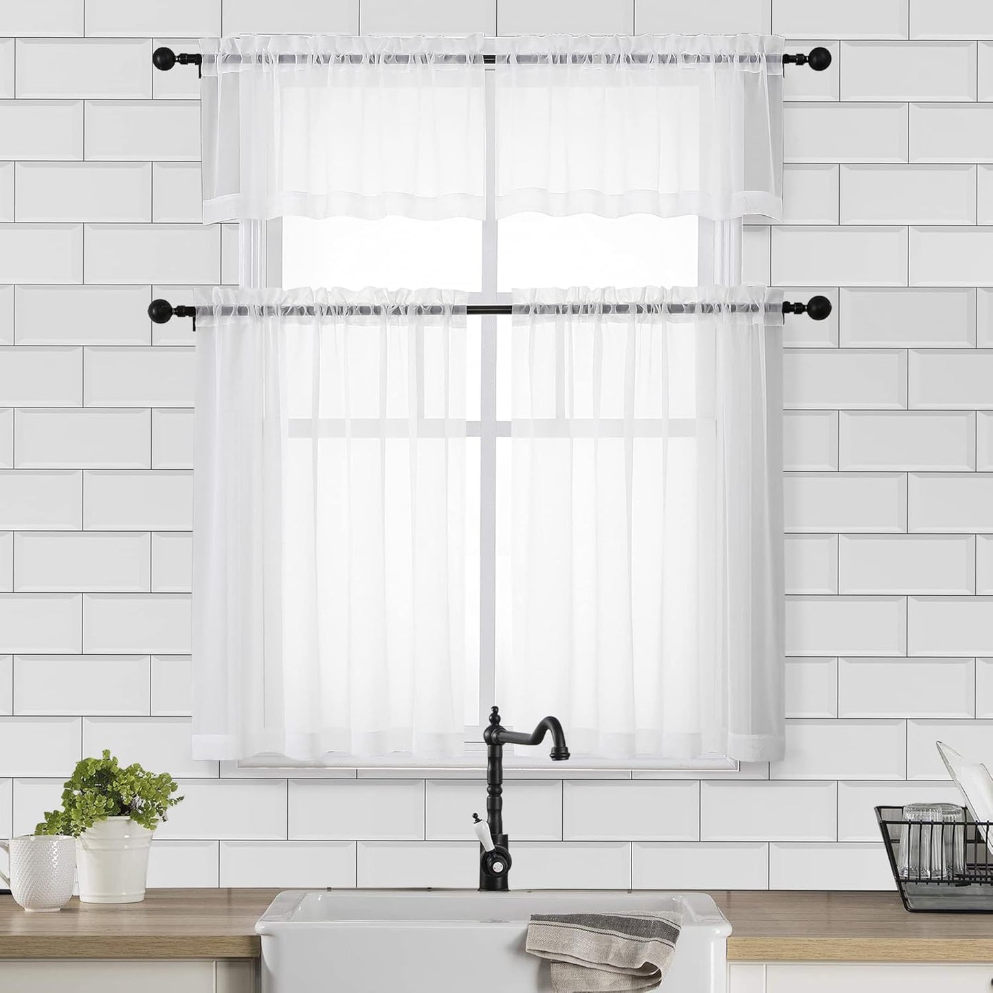 Chyhomenyc White Sheer Curtains 30 inch Length 2 Panels, Light Filtering Voile Rod Pocket Short Window Curtians for Bathroom Living Room Farmhouse Small Windows, 42Wx30L inches