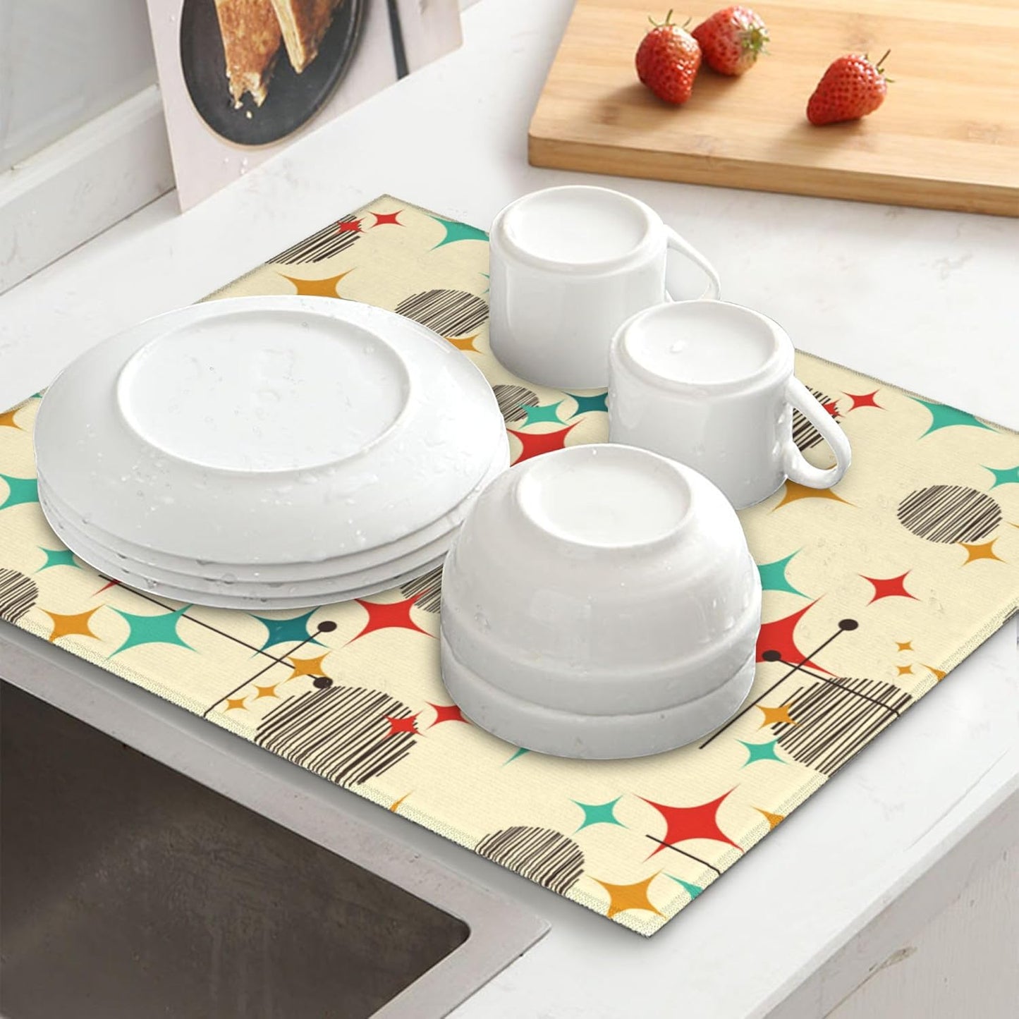 Mid Century Modern Atomic Retro Dish Drying Mat for Kitchen Counter Washable Absorbent Drying Mat Reversible Microfiber Yellow Drying Pad Home Holiday Decor Kitchen Accessories 16"x18"