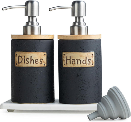 Kitchen Soap Dispenser Set, Ceramic Hand and Dish Soap Dispenser for Bathroom, Includes Instant Dry Tray, Collapsible Funnel, 15 Oz, Black