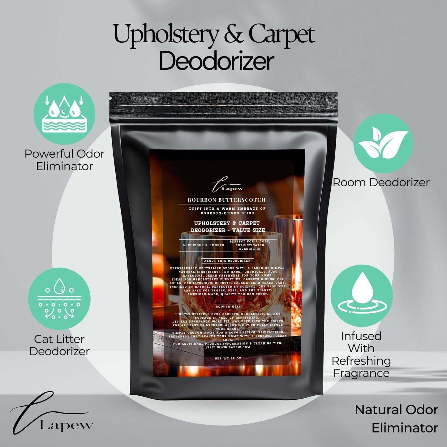 Bourbon & Butterscotch Carpet Freshener Powder Value Size 36 oz | Powerful Odor Eliminator for Home | Upholstery Deodorizer | Carpet Deodorizer | Pet Urine | Cat Litter Box