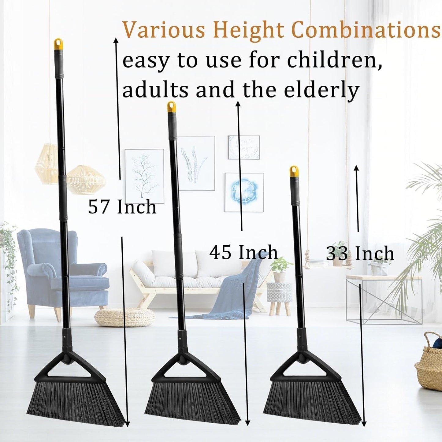 3PCS Heavy Duty Angle Broom, Long Pole Brooms for Indoor, Outdoor Sweeping, Kitchen to Courtyard, Black