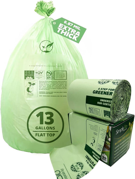13 Gallon Compostable Trash Bags with Flat-Top, Thick 0.87 Mil, 49.21 Liter, 50 Bags, Tall Kitchen Food Scrap Waste Bag, ASTM D6400, US BPI and OK Compost Home Certified