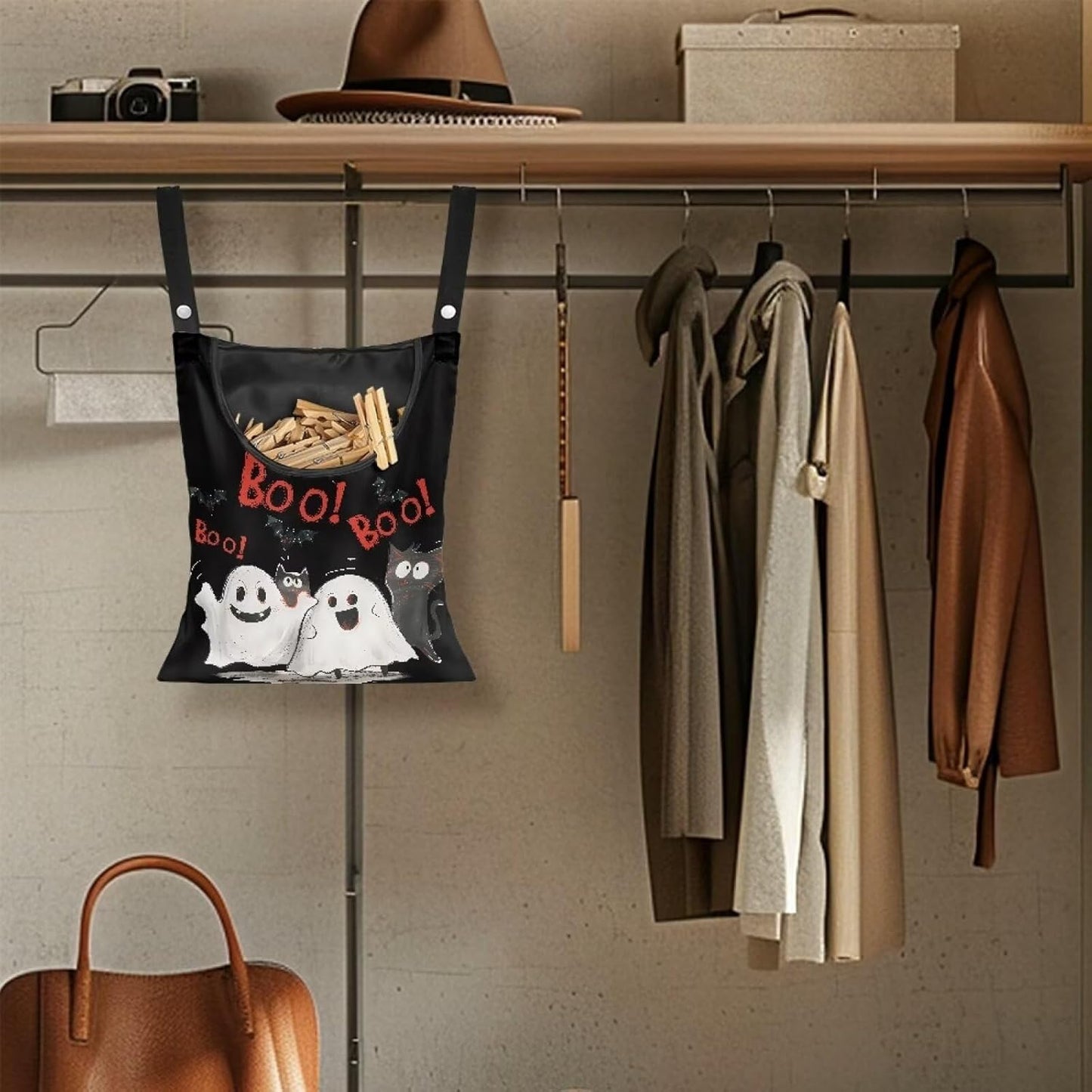 Cute Ghost Clothespin Bag Laundry Hanging Storage Organizer with Rope Clothespin Holder with an Extra Large Opening for Clothesline Outdoor Clothespin Storage with Hanger Hook