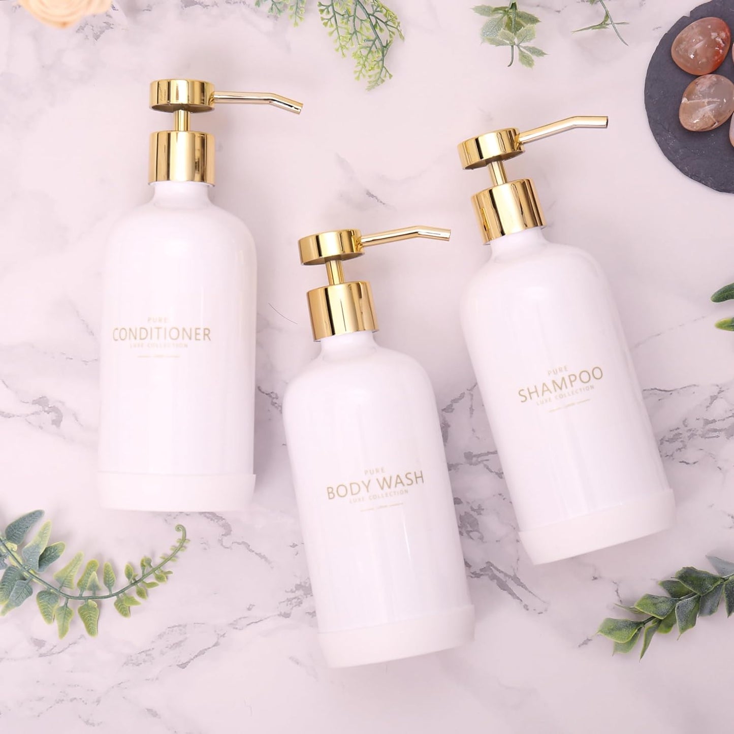 Shampoo and Conditioner Dispenser Set of 3,Refillable 20.5OZ Shampoo Bottles with Non-Slip Protective Silicone Pad,Shower Soap Dispenser with Waterproof Labels for Bathroom (White)