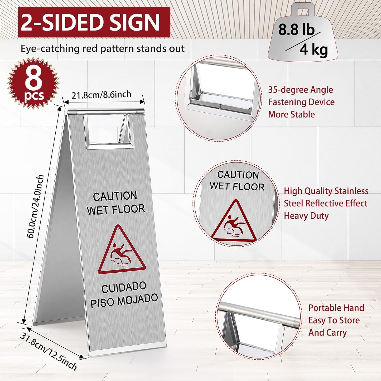 8 Pcs 24 Inch Stainless Steel Wet Floor Sign 8.8 Pound Caution Wet Floor Sign Bulk Double Sided Portable Foldable Bilingual Safety Warning for Kitchen Restaurant Restroom Avoid Fall (Silver)