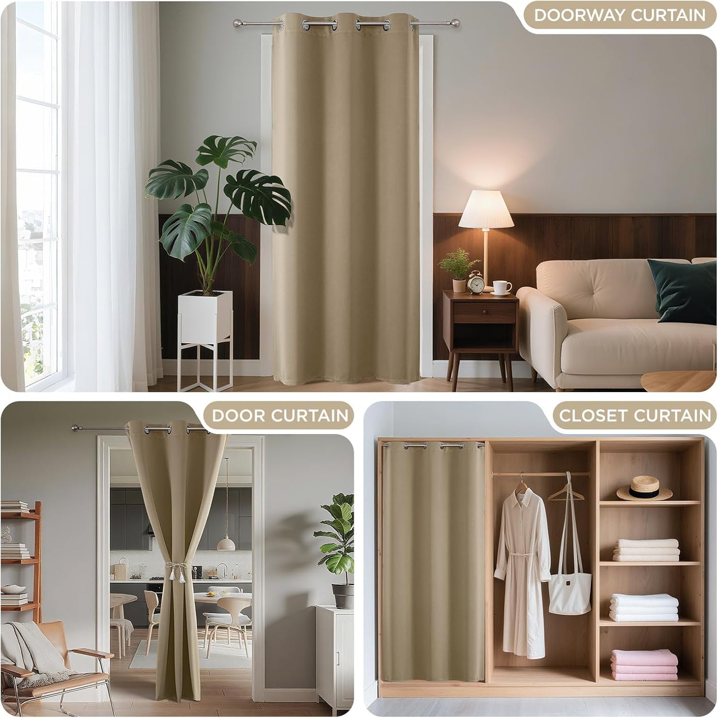 Joydeco Blackout Door Curtain for Doorway Privacy 72 Inches Long, Grommet Closet Curtain for Open Closet, Room Divider for Bedroom Living Room (Light Beige, 52Wx72L, 1 Panel)