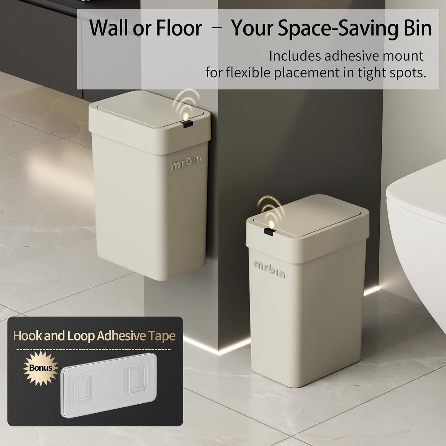 MRBIN Motion Sensor Bathroom Trash Can with Lid, 9L/2.4gal Automatic Plastic Slim Covered Electric Waste Basket, Narrow Rectangle Garbage Bin Under Desk for Small Office, Bedroom, Kitchen, Rv, Gray