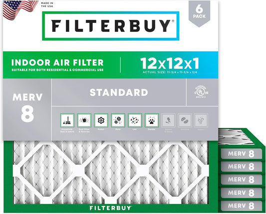 Filterbuy 12x12x1 Air Filter MERV 8 (MPR 700) Dust Defense Replacement (6-Pack), Electrostatic Pleated HVAC AC Furnace Filters, Made in USA (Actual Size: 11.75 x 11.75 x 0.75)