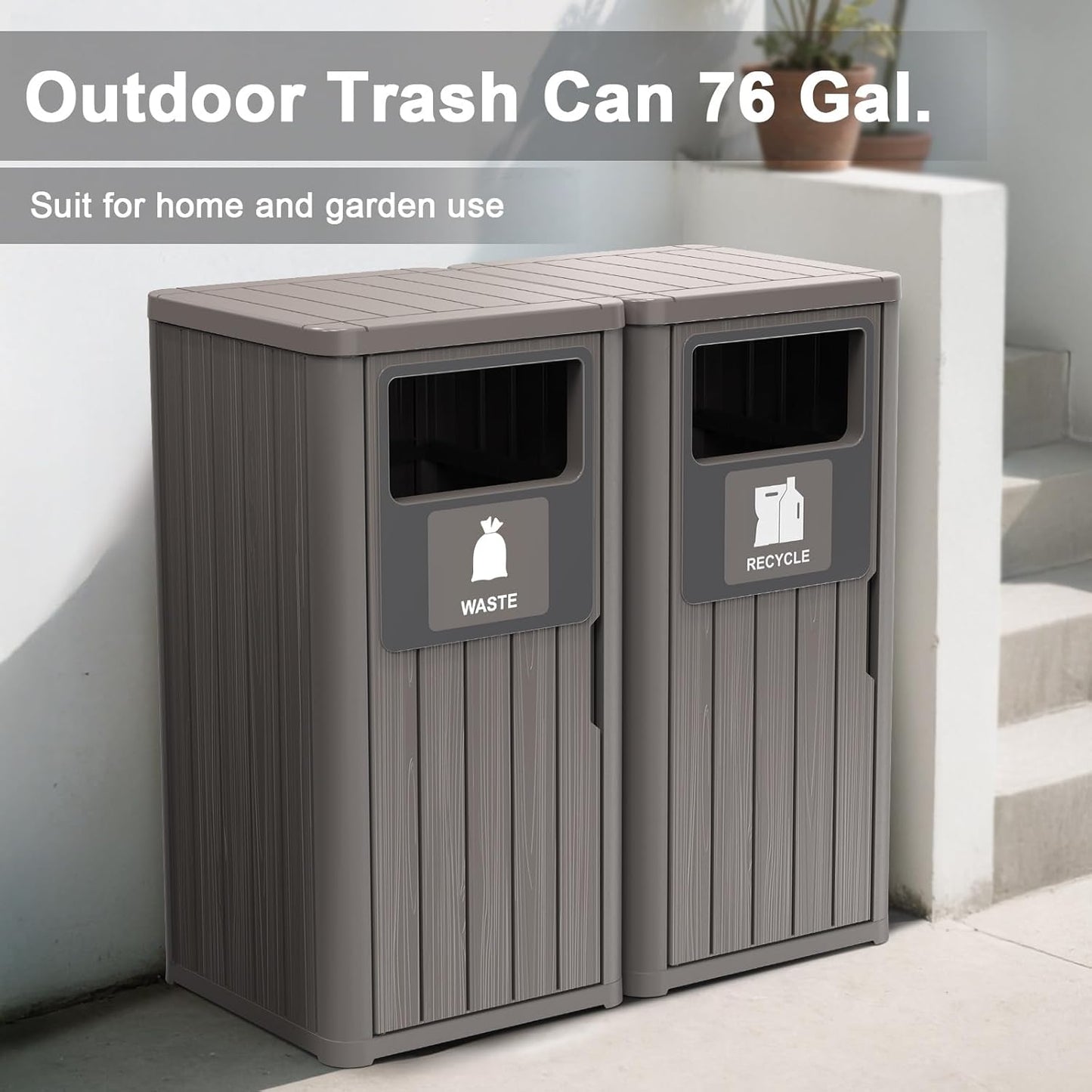 ROJIK 35" Tall Outdoor Trash Can,Weatherproof Resin Garbage Indoor Durable Lightweight,Suitable for Patio Office Kitchen,Easy to Clean,Assemble(Waste&Recycle,Grey)