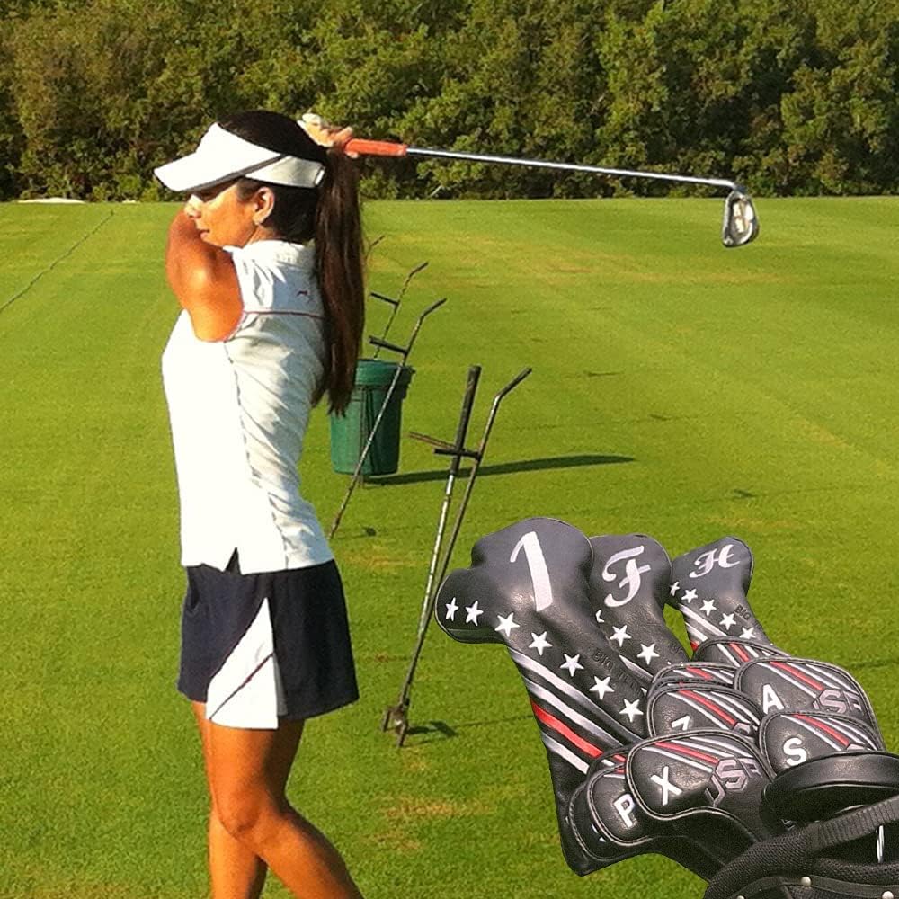 Big Teeth Golf Cover USA Stripe and Star Headcover Covers, Driver Fairway Wood Hybrid Headcovers Fits Blade Mallet Putter Iron and Woods with Magnetic Club Protector Pu Leather Golf Accessories