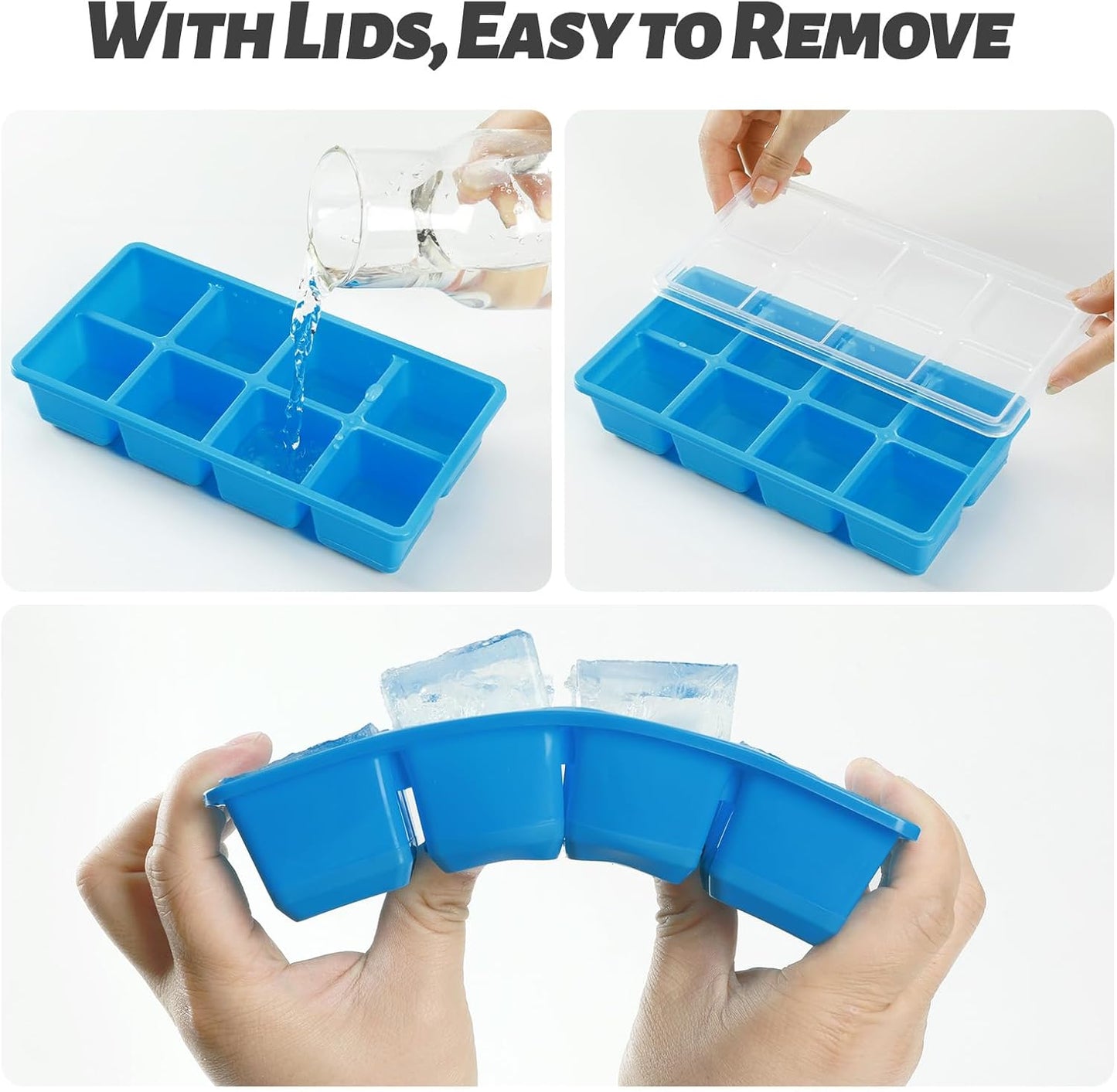 Large Ice Cube Trays, JRISBO 2 Pack Reusable Silicone Ice Cube Molds with Lid for Freezer, Easy Release 16 Big Square Ice Trays for Whisky Cocktails