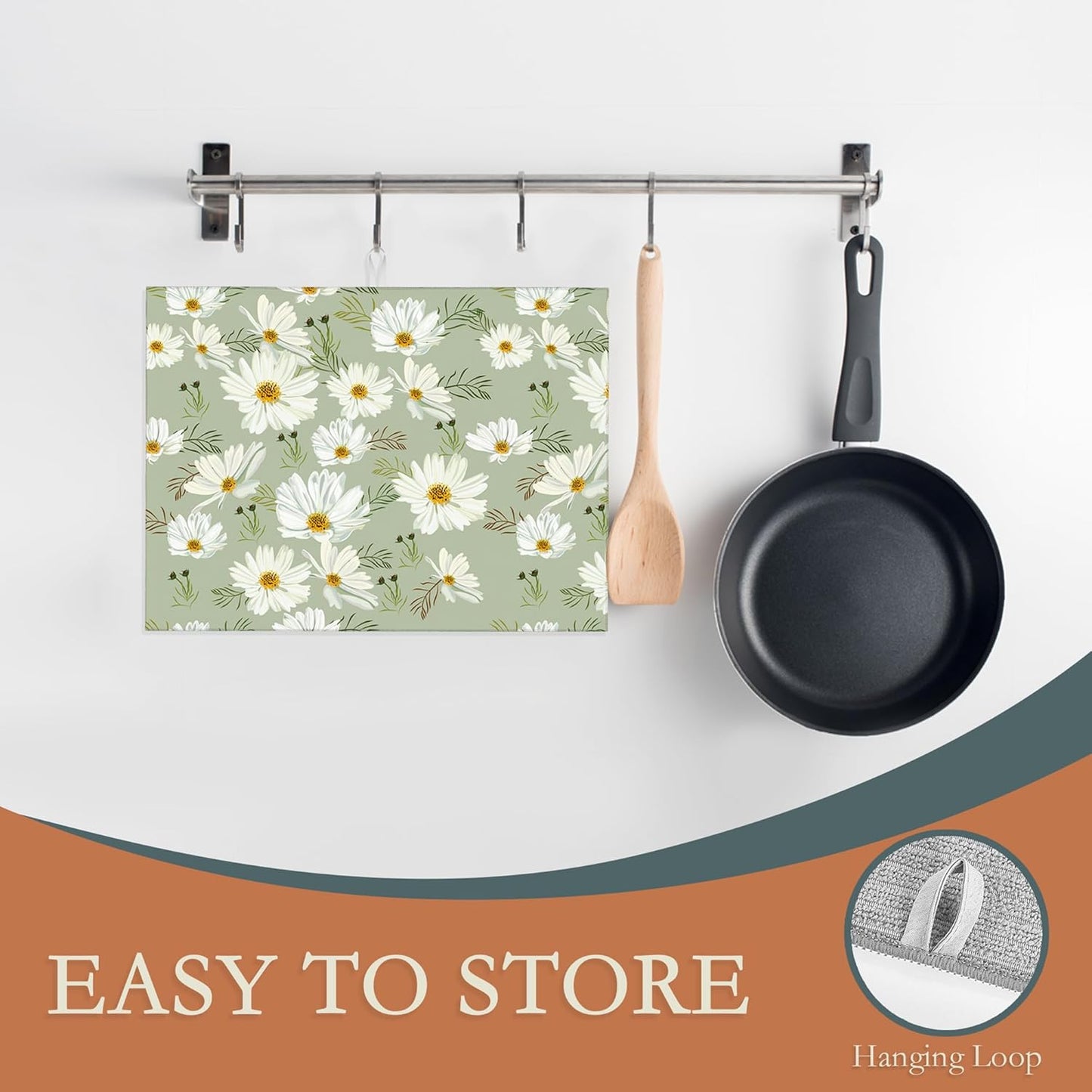 White Daisy Flowers Dish Drying Rack Mat for Kitchen Counter, Dish Drying Pad Absorbent Reversible Microfiber Protector for Coffee Bar Sink Countertops 18x24 Inch