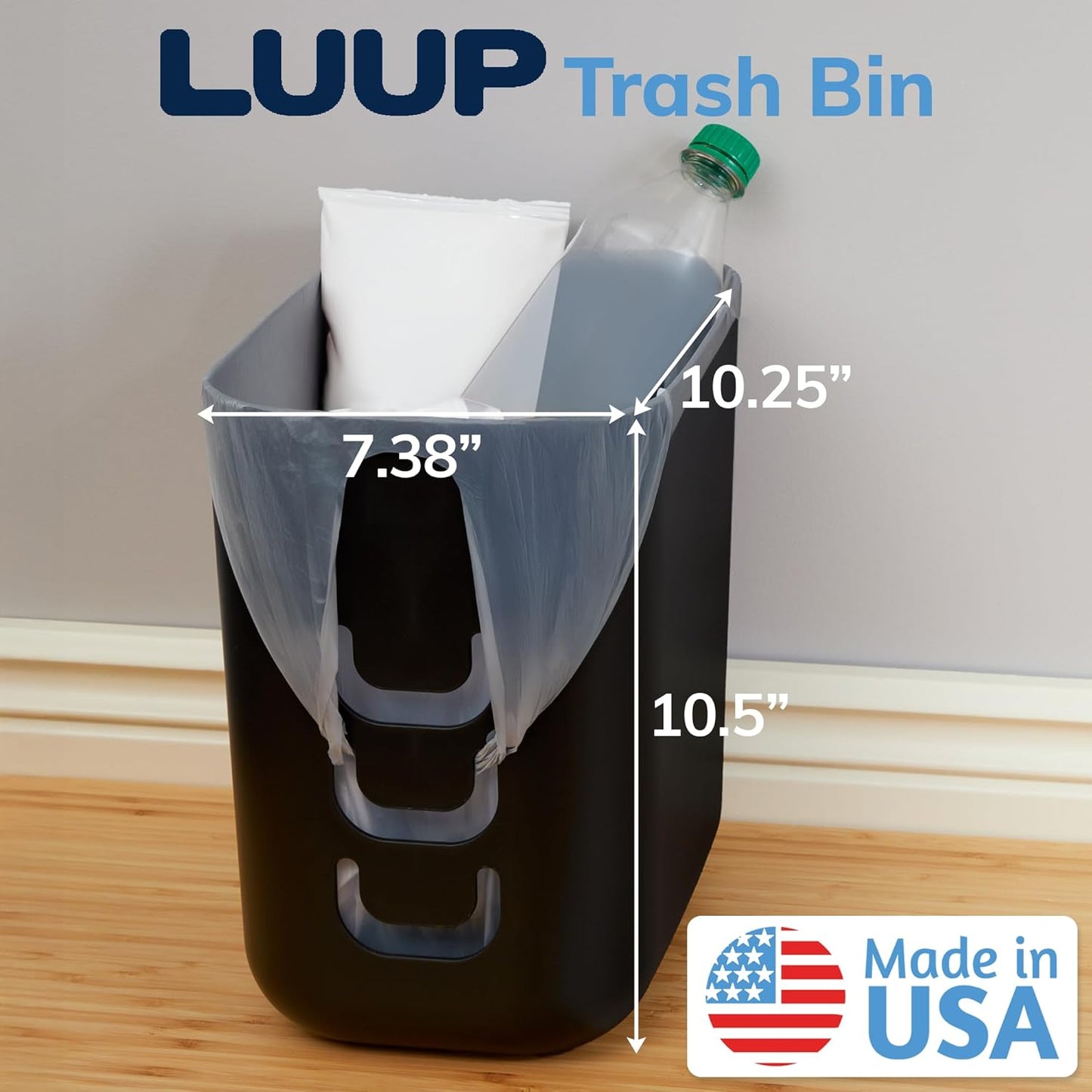 STORi Luup Bathroom Wastebasket, Secure Grocery Bags, Plastic Garbage Container for Vanity, Laundry Room, Kitchen, Office, 2.5 Gallon, Black, Made in USA