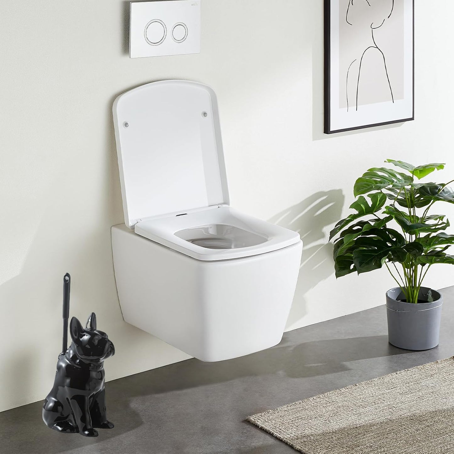 Comeon Ceramic Dog White/Black Toilet Brush and Holder Set, Plastic Handled Scrub Brush for Bathroom Cleaning,13.7"*6.3" (Black)