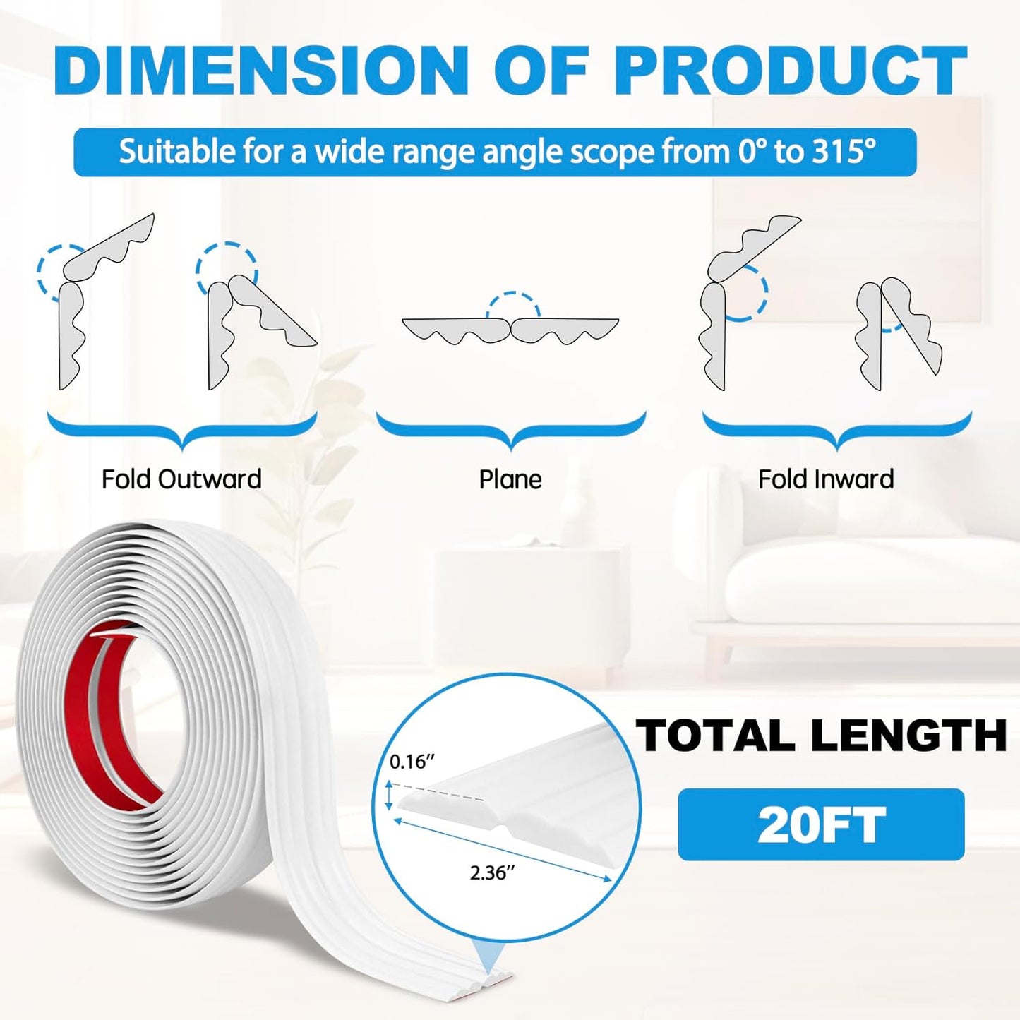 Wall Corner Protector Peel and Stick Corner Trim Molding Flexible Inside & Outside Wall Edge Guard Self Adhesive Moulding Trim for Edge Use, White, 2.3” W x 20’ L