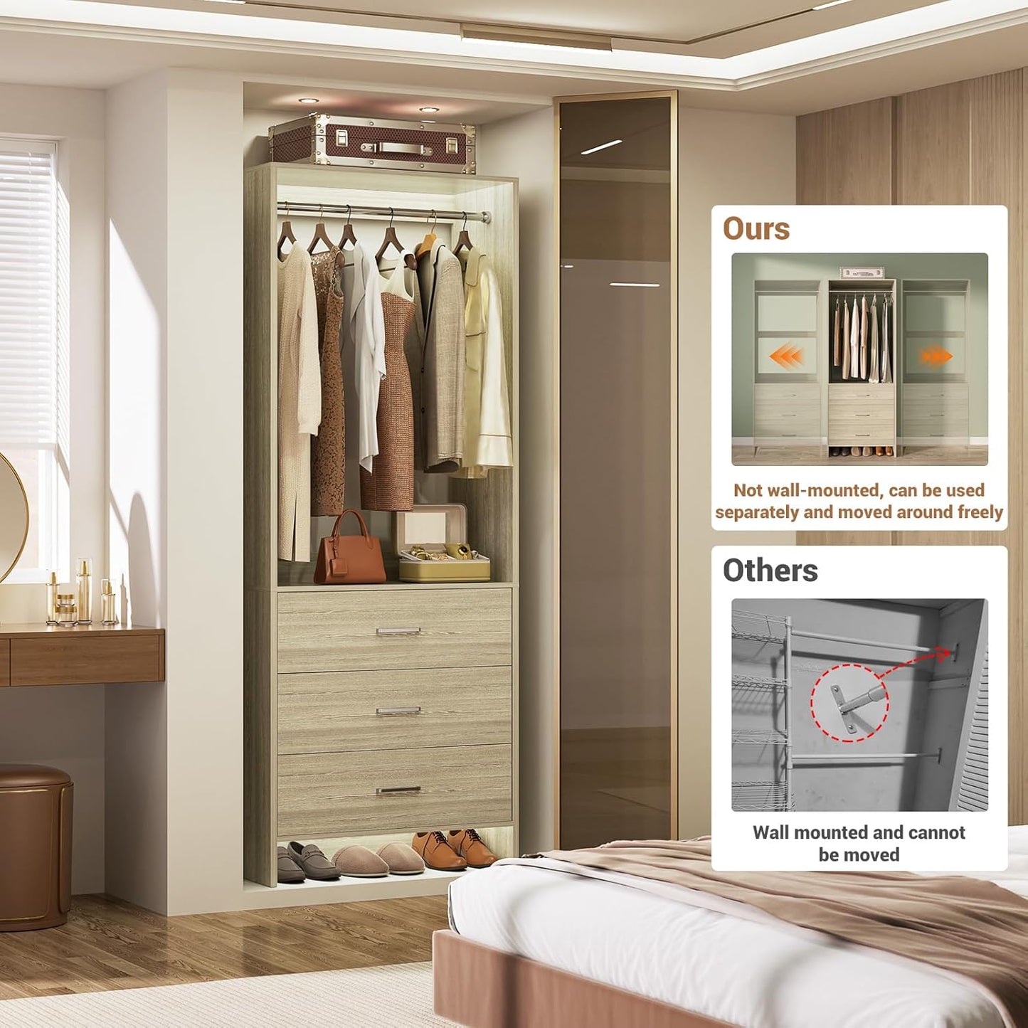 Aheaplus 2FT Closet System with 3 Drawers, 24’’ Closets Organizer, Wood Closet Organizer System, Walk-in Closets or Small Wardrobe, Clothes Rack with Hanging Rods, White Oak