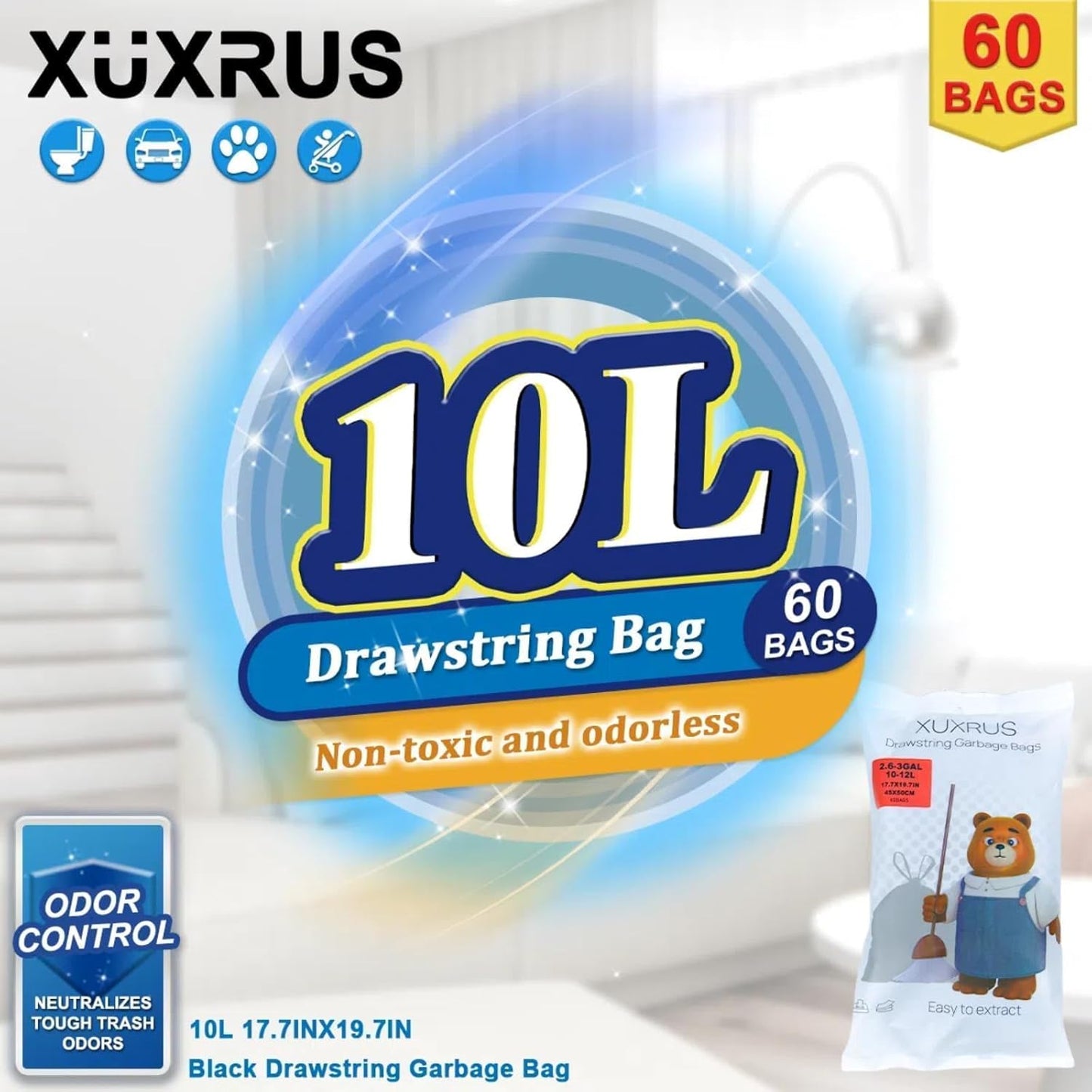 XUXRUS 2.6-3 Gallon Black Bathroom Drawstring Trash Bags - 60 Count Folded Small Garbage Bags, Tear-Resistant & Leak-Proof, Odor Control Liners for Bathroom, Kitchen, Office – Heavy Duty Trash Bags