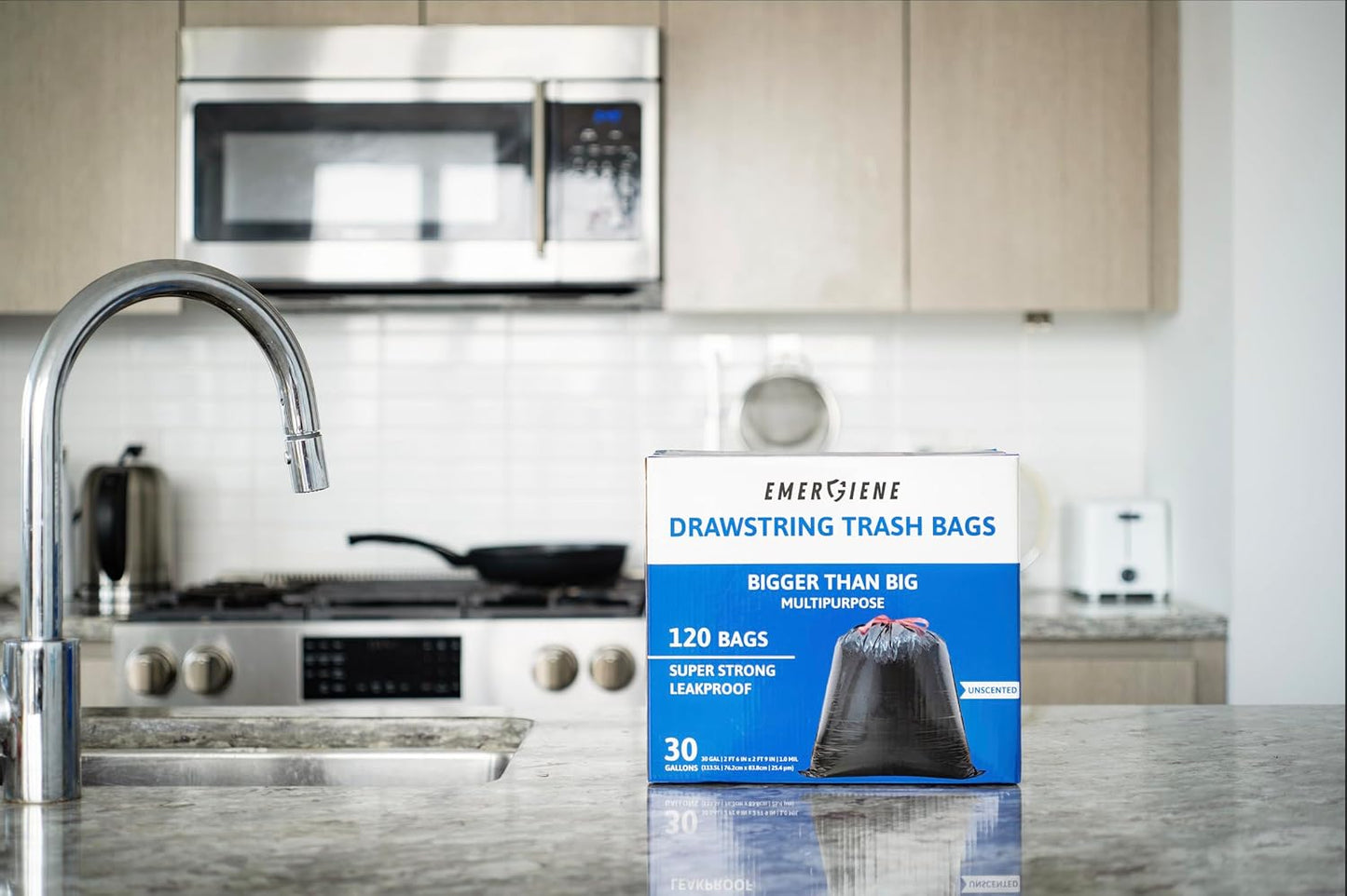 Ultra Strong 30 Gallon Drawstring Trash Bags, Unscented 120 Count Garbage Bags, Pre-Separated, Recycled Materials, Heavy Duty, Leakproof, Sturdy, Black