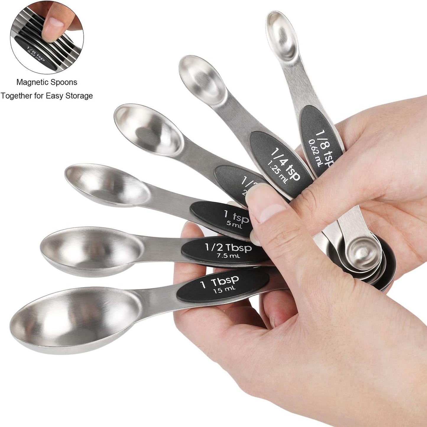 Magnetic Measuring Spoons Set of 6 Stainless Steel Dual Sided Stackable Teaspoon for Measuring Dry and Liquid Ingredients