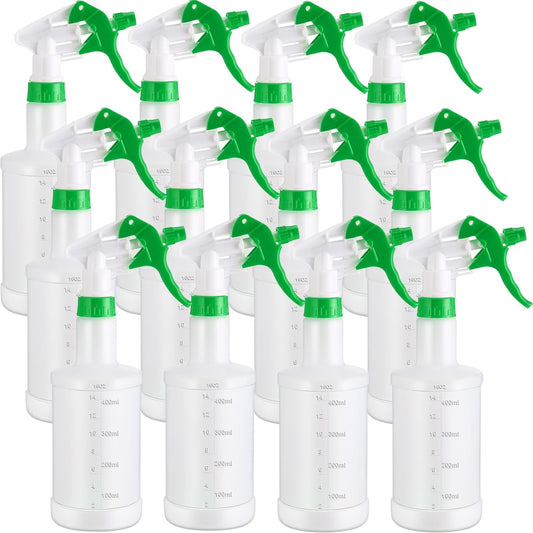 Eccliy 12 Pcs 16 Oz Plastic Spray Bottle, Adjustable Empty Reusable Sprayer for Cleaning, Planting, Water, Bathroom and Kitchen, BBQ, Commercial and Residential (Green,Measurement)