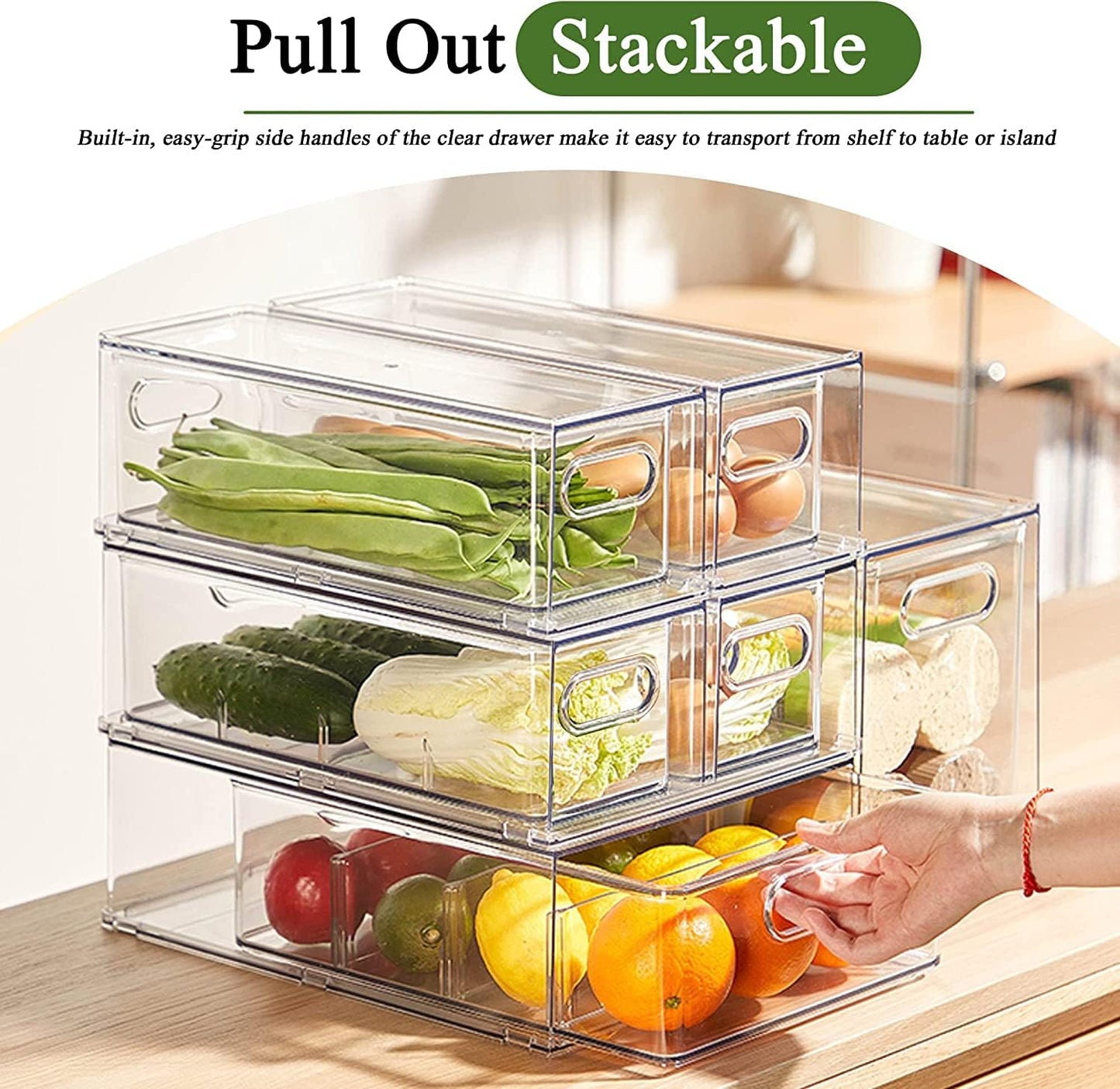 bealy Stackable Clear Storage Drawer with 3 Dividers for Pantry Shelf, Fridge Organizer for Fruit, Food,Vegetable, Pantry Containers Organization,BPA Free,6.34QT
