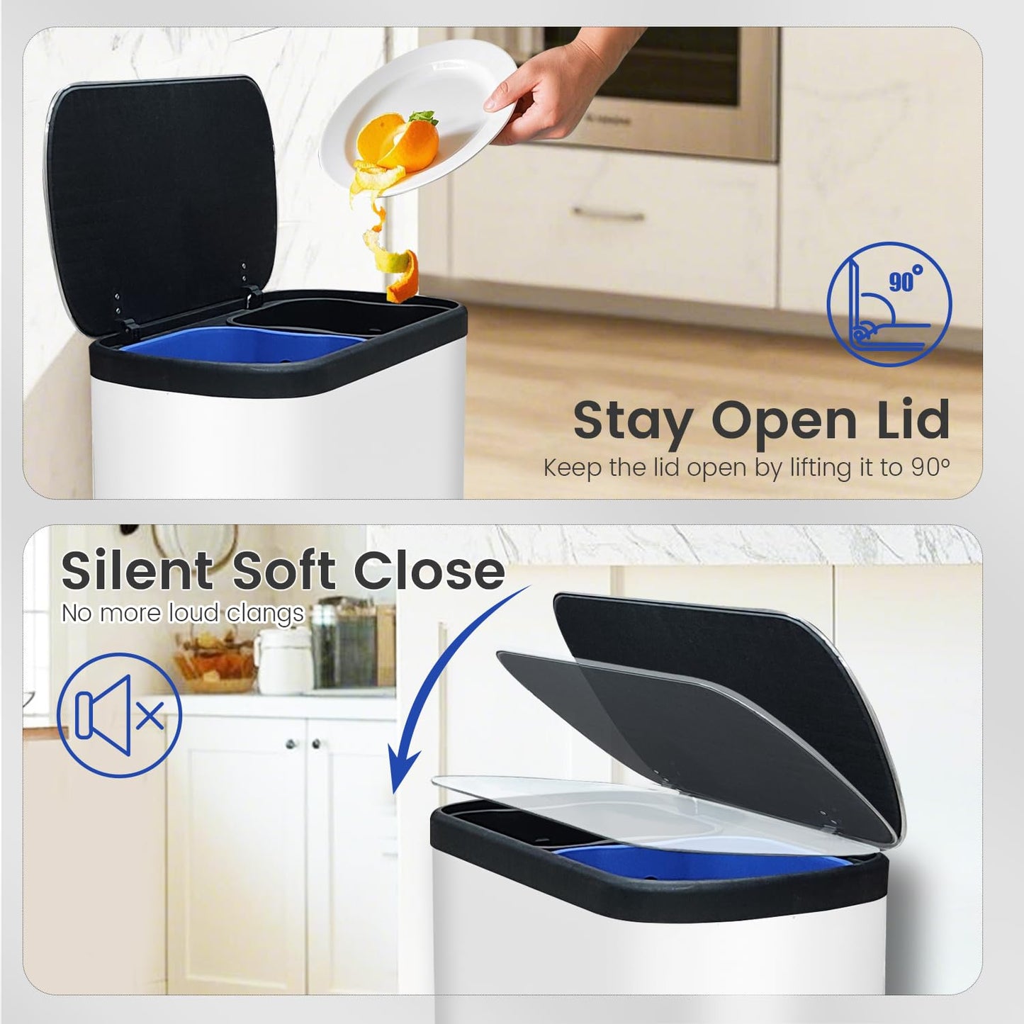 16 Gallon Dual Trash Can, Kitchen Recycling Bins with 2 x 8 Gallon Compartments, 2 Plastic Removable Liners, Soft-Close Lid, Stainless Steel Step Trash Can, White