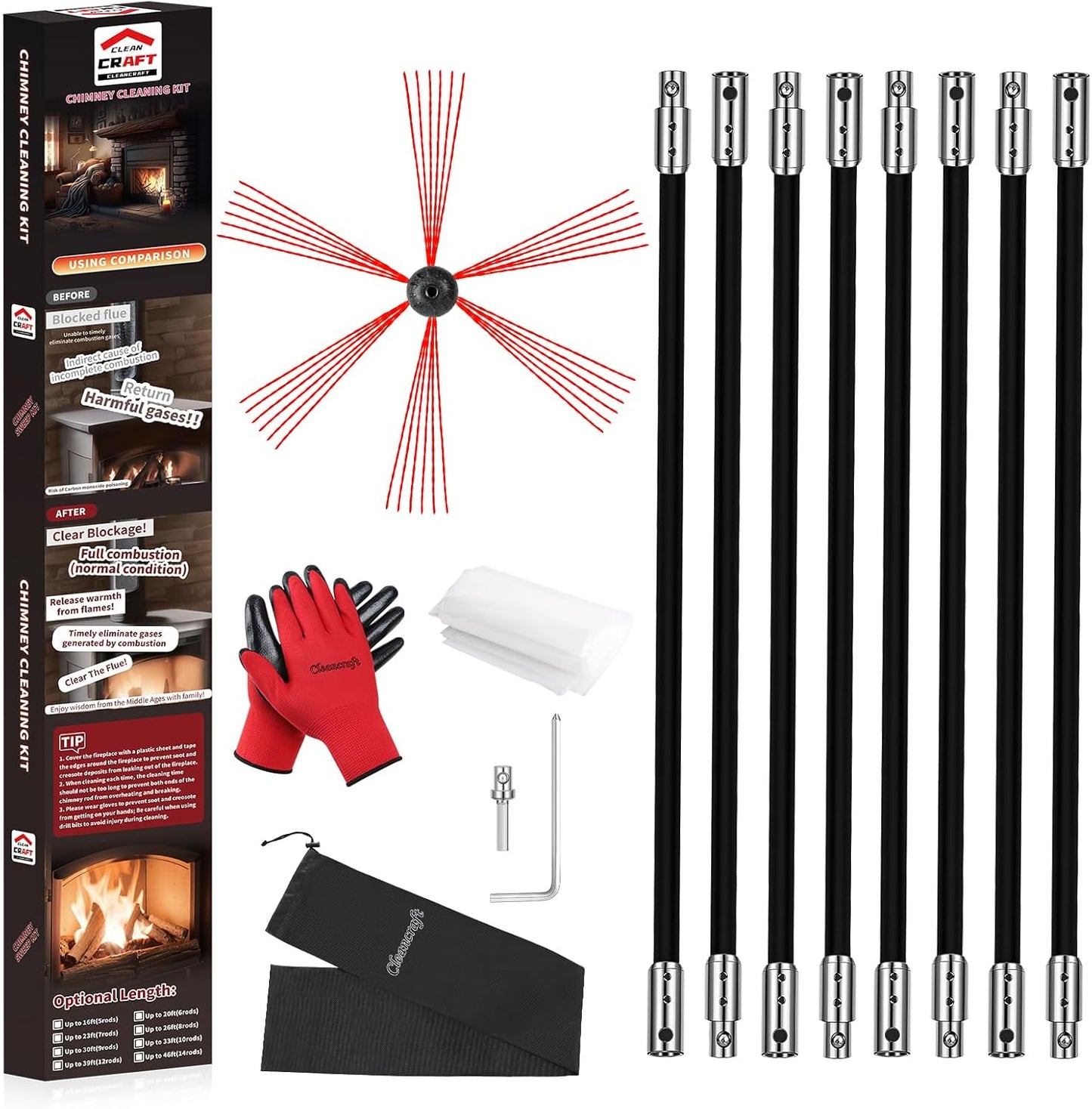 26 Feet Chimney Sweep Kit, Chimney Cleaning Kit with 8 Flexible Black Chimney Rods, Chimney Brush for Sweeping Fireplace, Rotary Chimney Cleaning System Driven by Drill