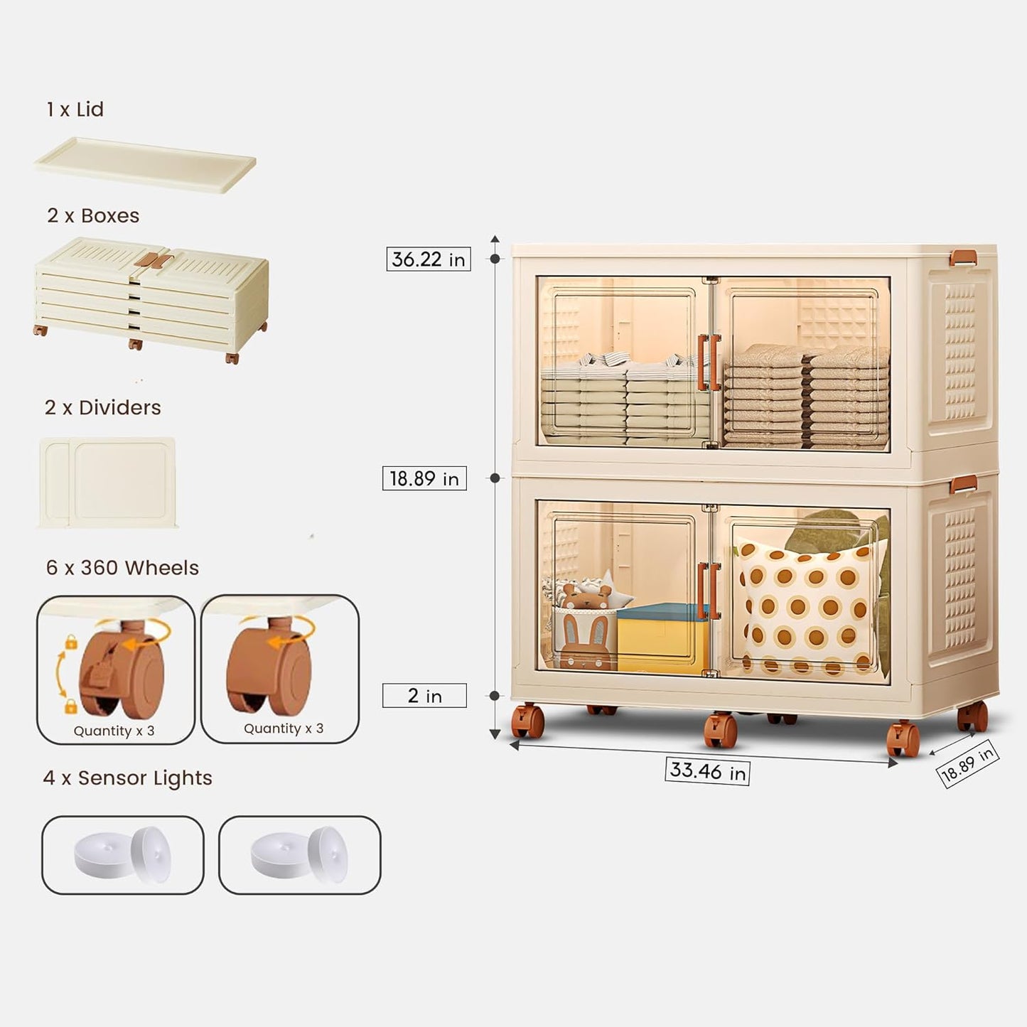 376QT/94Gal 2 Layers Stackable Storage Bins with Lids And Doors - Sensor Lights in Cabinets, Large Collapsible Container Box with 6 Wheels, Plastic Foldable Organizer for Home and Office
