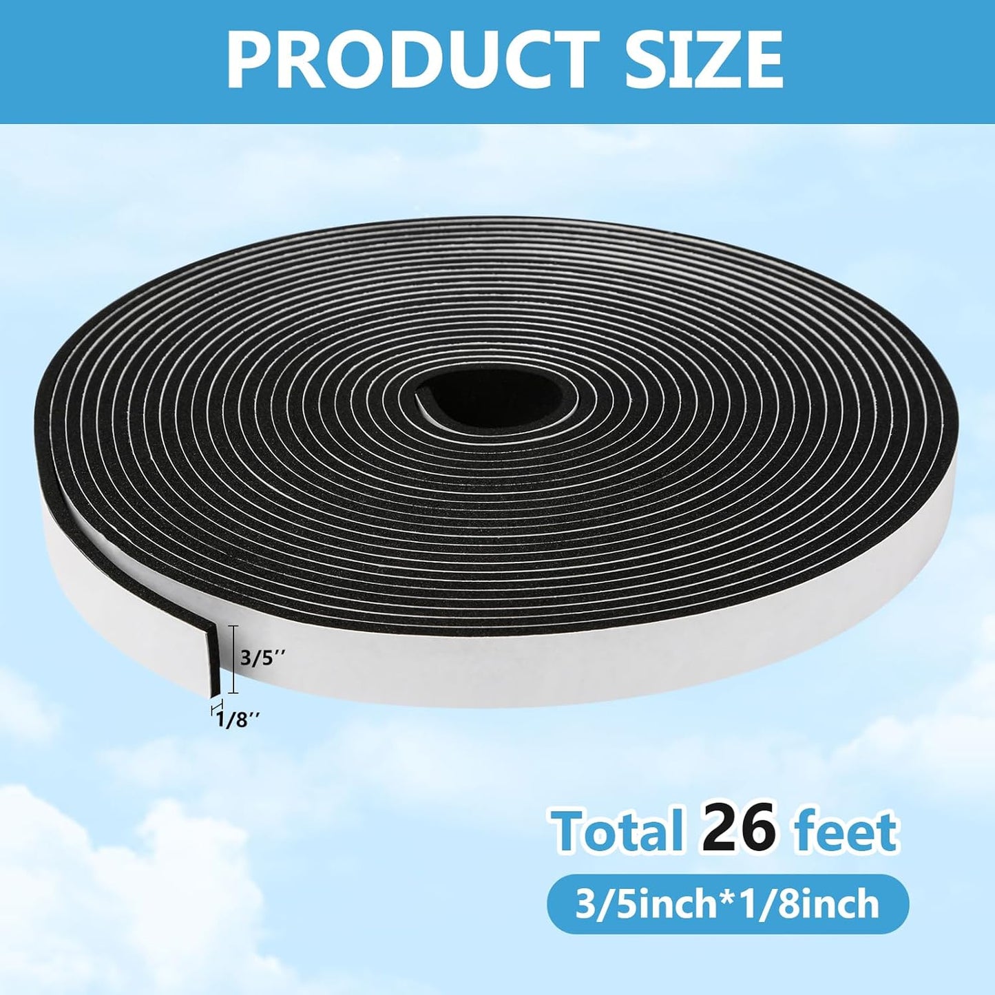 Weather Stripping Door Seal Strip (3/5 Inch X 1/8 Inch X 26Feet), Strong Adhesive, Lightproof, Soundproof, Weatherproof Foam Tape Insulation for Sliding Door, Front Door Frame, Windows- Black