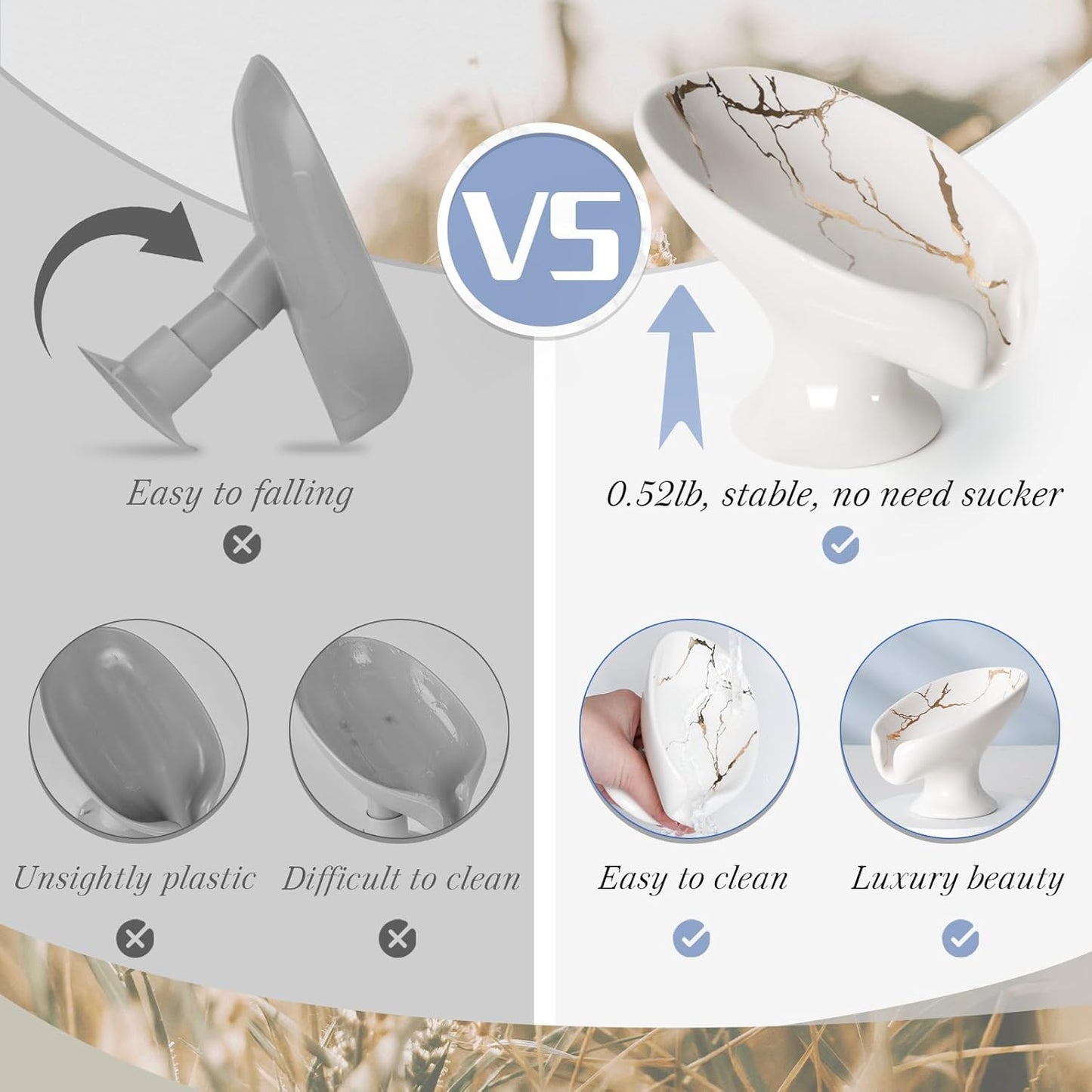 Soap Dish, Soap Holder Self Draining Leaf Shape Soap Dishes, Ceramic Drain Soap Dish for Sink Bathroom Shower Kitchen, Easy to Clean Keeps Soap Dry, Cream White & Gold Marble Pattern, ANTIS'S HOME