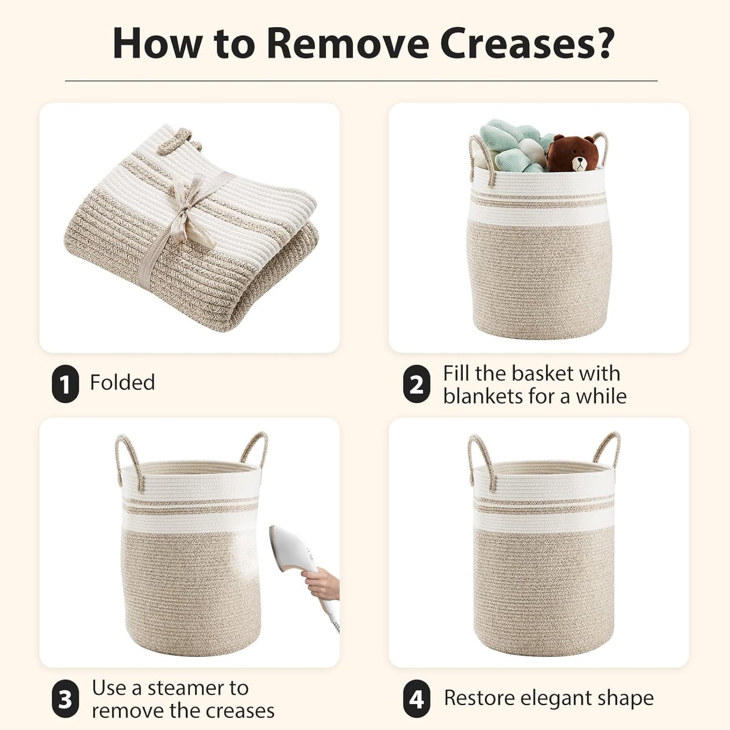 Large Laundry Hamper, Tall Woven Storage Basket for Blankets, Cotton Baby Nursery Hamper, Toys and Dirty Clothes in Bedroom and Living Room Organizing - 58L Brown & White