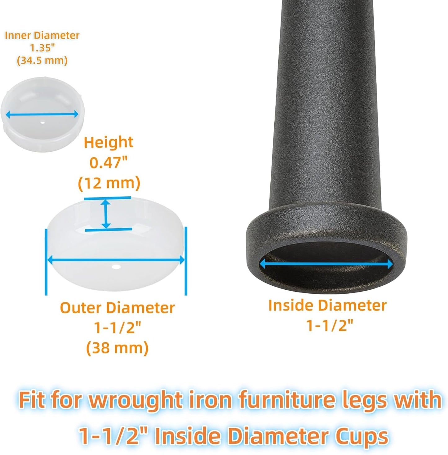 Wrought Iron Patio Furniture Feet Caps - Furnigear 1-1/2" Round Plastic Outdoor Chair Leg Caps, Floor Protectors for Metal Chairs & Tables, Patio Furniture Replacement Rubber Feet (White, 24 Pack)