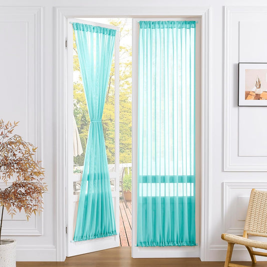 Tollpiz Sheer Door Curtain Closet Linen Textured Curtain Sheers Doorway Light Filtering Voile French Door Rod Pocket Curtains Patio Door, 25 x 80 inches Long, Aqua Blue, Set of 1 Panel