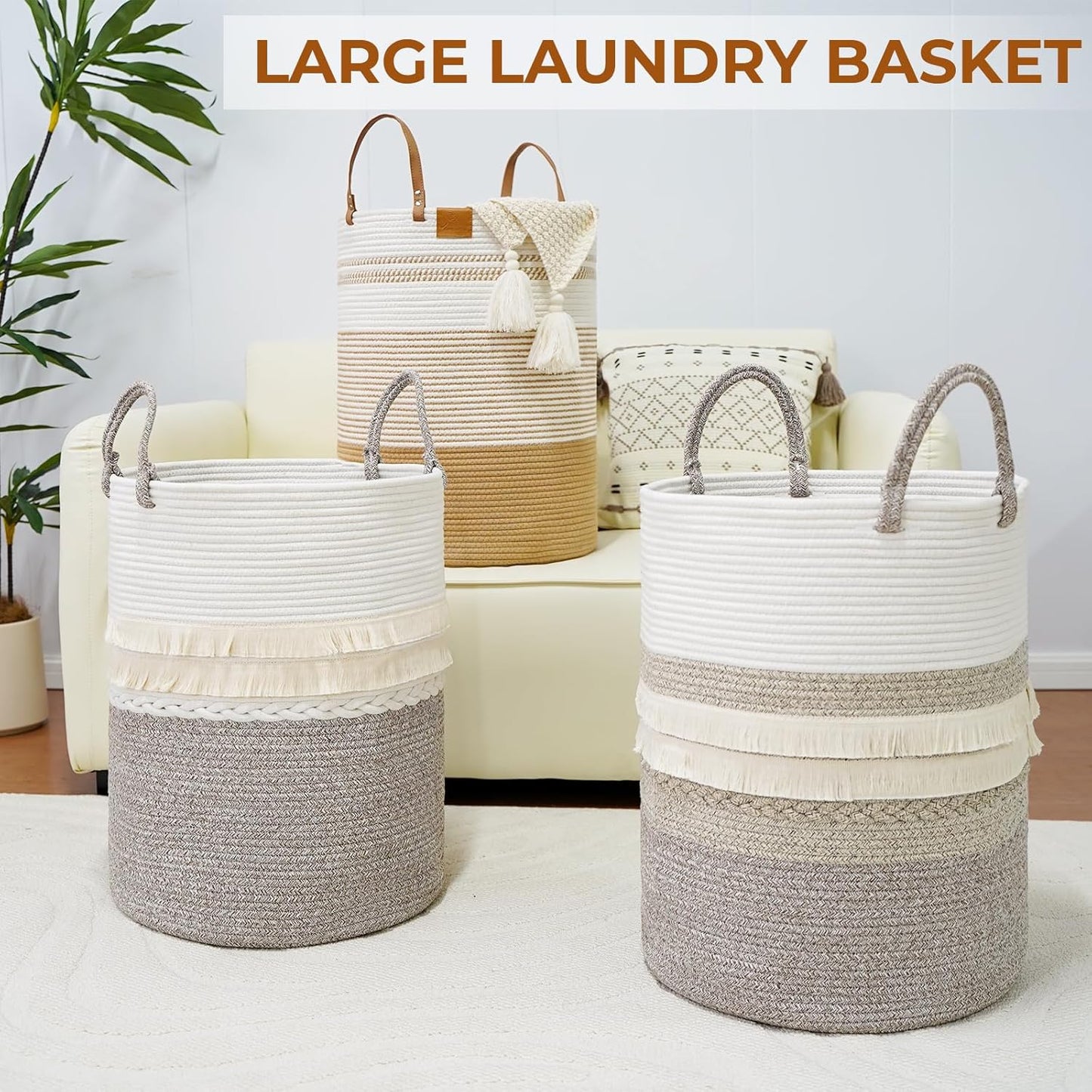danpinera 79L Laundry Hamper Basket, Tall Round Dirty Clothes Hamper with Handle, Woven Storage Basket for Blanket, Toy, Pillow, Blanket Bin for Living Room, Nursery Room Gradient Jute