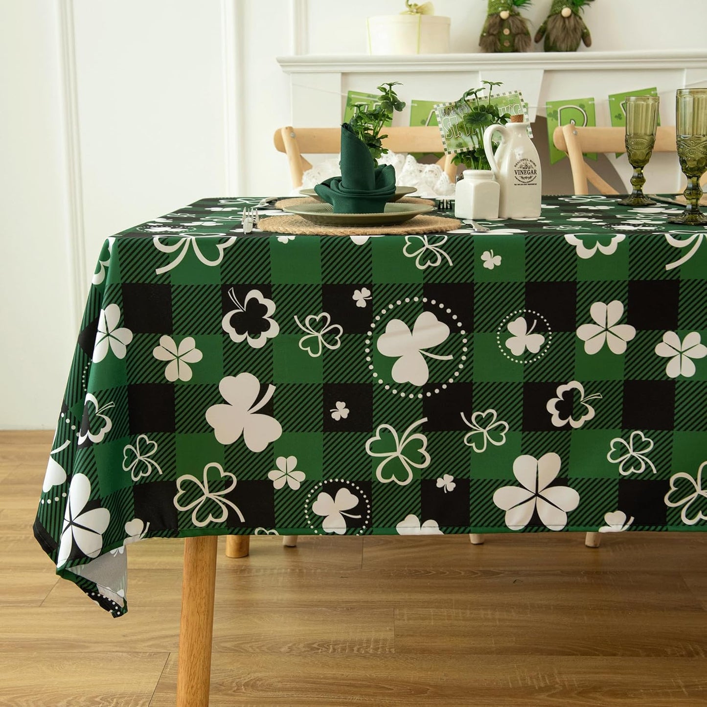 Green Gingham Shamrock Plaid Tablecloth - St. Patrick's Day Rectangular 58x102 Inch Water Resistant Table Cloth for Indoor/Outdoor Use - Holiday Table Cover for Kitchen and Parties
