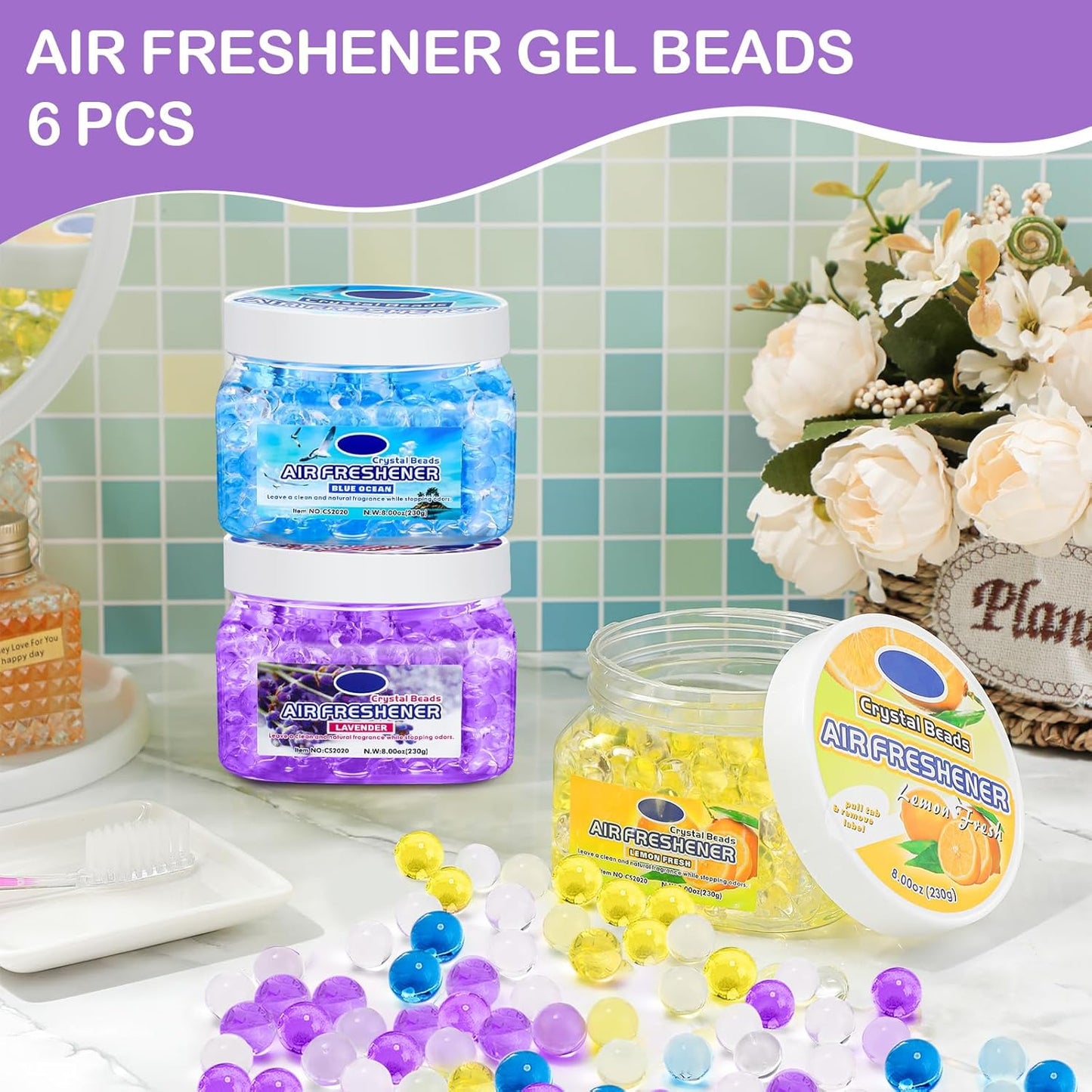 6 Pcs Air Freshener Gel Beads Bulk Odor Eliminator Beads Odor Removing Gel for Home, Bathrooms, Cars, Boats, RVs, Pet Areas, Room, Toilet 8 oz (Blue Ocean, Yellow Lemon, Purple Lavender)